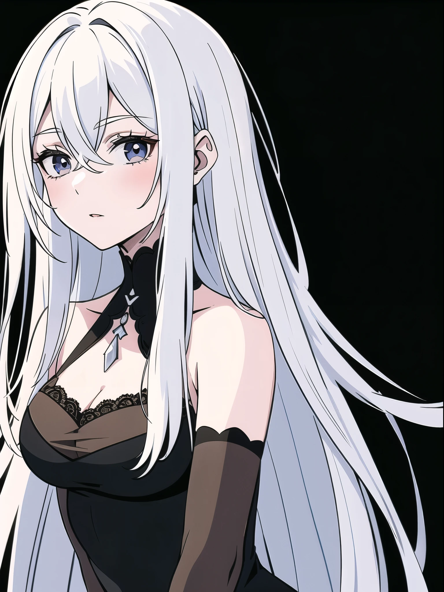 ((White hair)),((Head and Shoulders Image)),Sexy,A person,Alone,Simple style,pancake ,Simple details,Black background,Empty background,Black background wall,(20 year old woman),(Droopy hair),(White Gloves),(Evening Gown),(Lace Shirt),Lace,(confidence),(Tranquility)