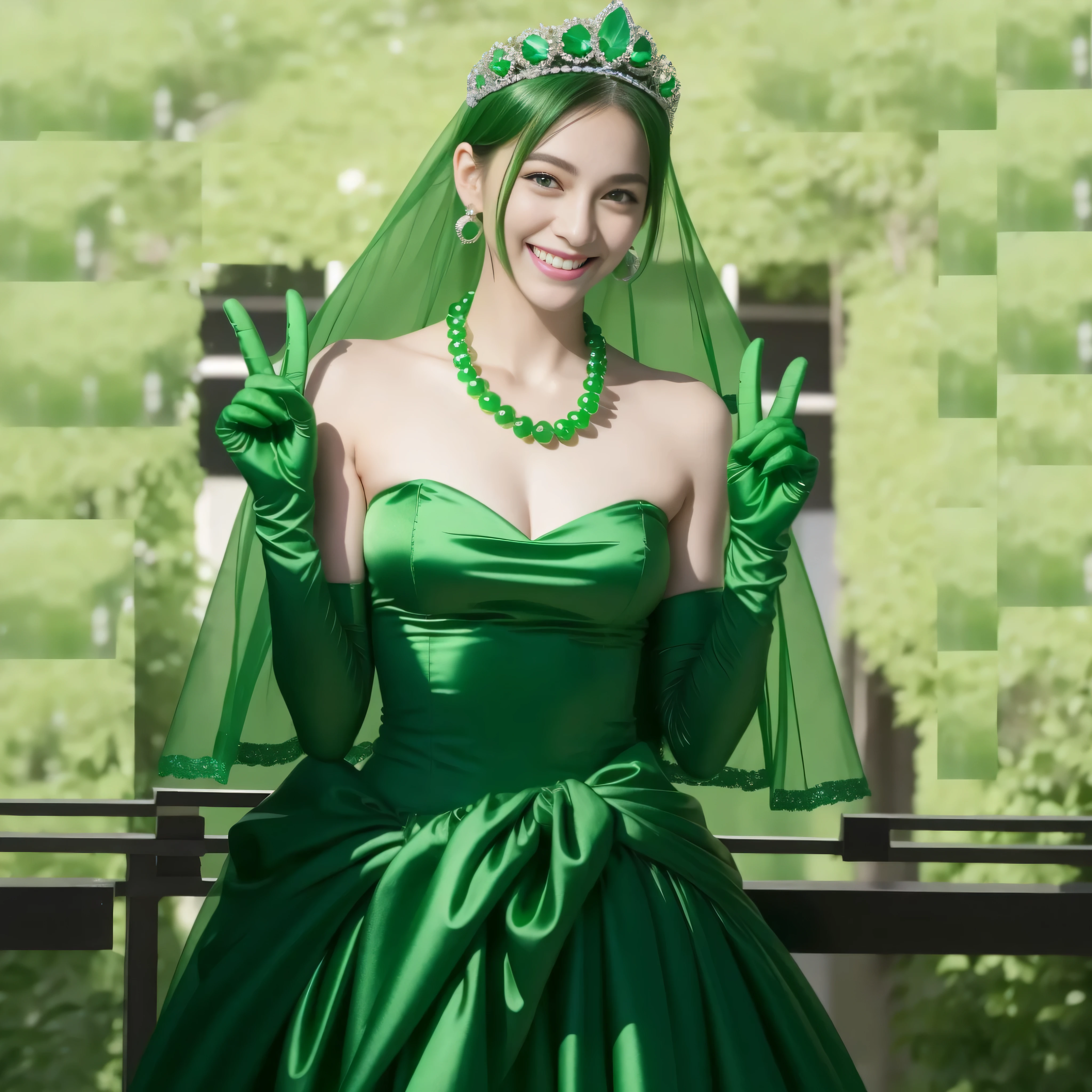 emerald tiara, Green Pearl Necklace, Boyish green berry short hair, lipstick, Smiling Japan woman, very short hair, big breasts beautiful, green eyes, Green long gloves made of satin material, green eyes, v sign, emerald earrings, green gloss