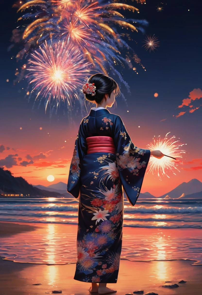 fireworks show on Japanese beach, kimono girl, best quality, masterpiece, Representative work, official art, Professional, Ultra intricate detailed, 8k