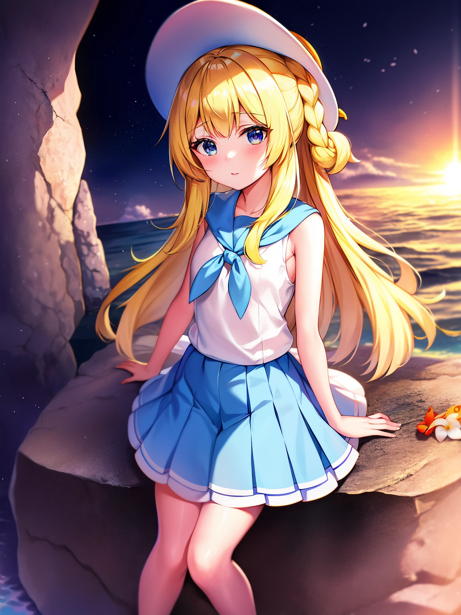 Pokémon、solo、1 person、sunset、Tropical Alola region、Lillie、Snow-white skin and long pale blonde hair、White princess-line sleeveless dress and white wide-brimmed hat、french braid、high ponytail、blue mini skirt、blue pleated skirt、sailor color、shirt、short sleeve、blue skirt、白いshirt、white skirt「Lady」、blonde girl、Pippi Ningyoya Cosmetics、orthodox heroine、Lily flower、Escape from the rain and take shelter together in a cave、Lillieは月の象徴で、Hau is the image of the sun。Lillieが月ではなく、I will become a shining sun」、pacifist、Directional tone deafness、