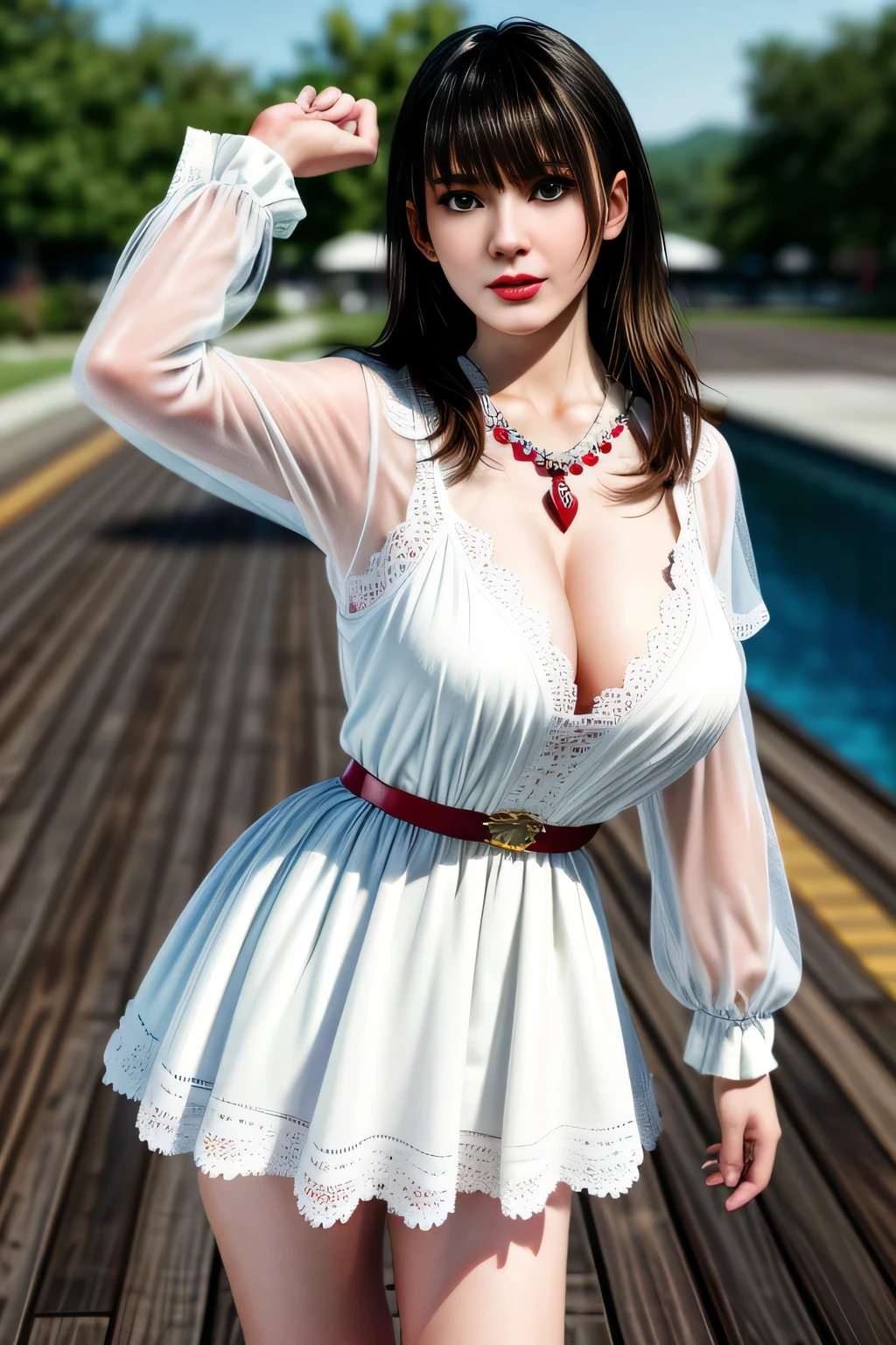 night,1 girl,seven waves,hollow dress, White lace dress,jewelry,Outdoor activities,  (standing posture),grace,(((red lips))), Lips slightly open,  clavicle,Lactation,(huge breasts:1.3),skin shiny,((8k, original photo, top quality, masterpiece)), HD RAW color photos professional close-up photos, (actual, photorealism: 1.37), (best quality),8k,Fabric luster,alone,