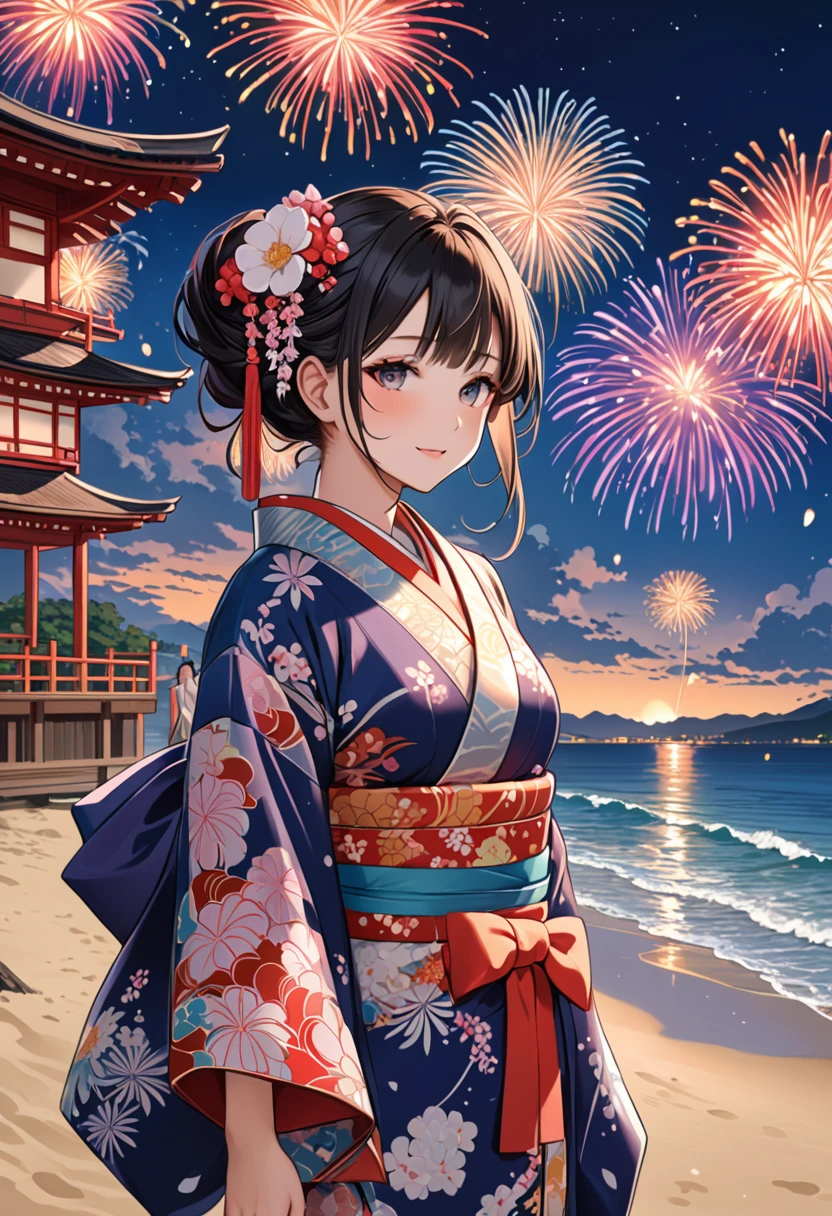 fireworks show on Japanese beach, kimono girl, best quality, masterpiece, Representative work, official art, Professional, Ultra intricate detailed, 8k