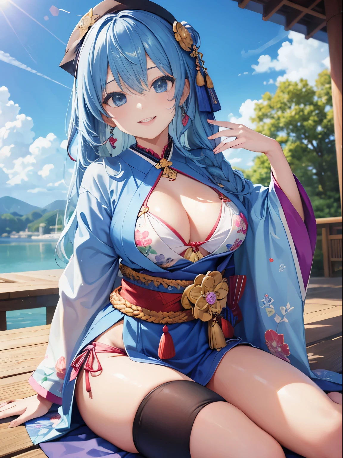 art station, now, highly detailed face, 4k, 1 girl、(official attire: 1.4), long hair、smile、Japanese、high resolution,sexy、waist、Clothes that show breasts、spring、bikini