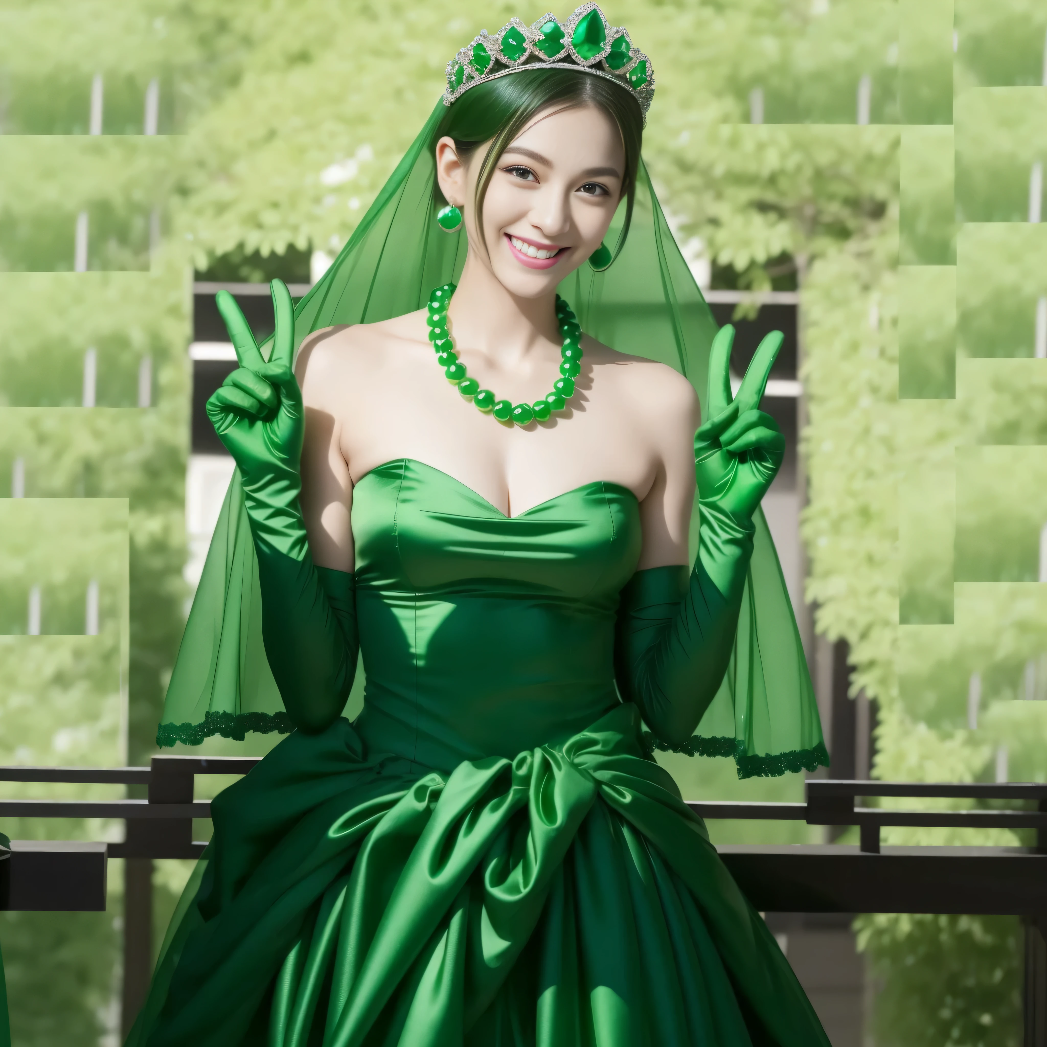 emerald tiara, Green Pearl Necklace, Boyish green berry short hair, lipstick, Smiling Japan woman, very short hair, big breasts beautiful, green eyes, Green long gloves made of satin material, green eyes, v sign, emerald earrings, green gloss
