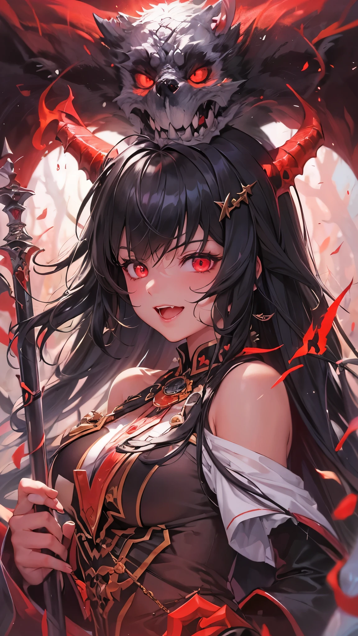 (devil princess style) (beautiful detailed Devil's Wings own back) (solo straight black hair long hair devil princess girl, beauty angry:1.3 eyes, make-up, Red lips, Captivating smile, big tits), (detailed cute devil dress), (hand holding a Flame Whip), break, (in the battle field), BREAK, perfect anatomy, masterpiece, best quality, 16k, beautiful detailed darkness, daydreaming expression.