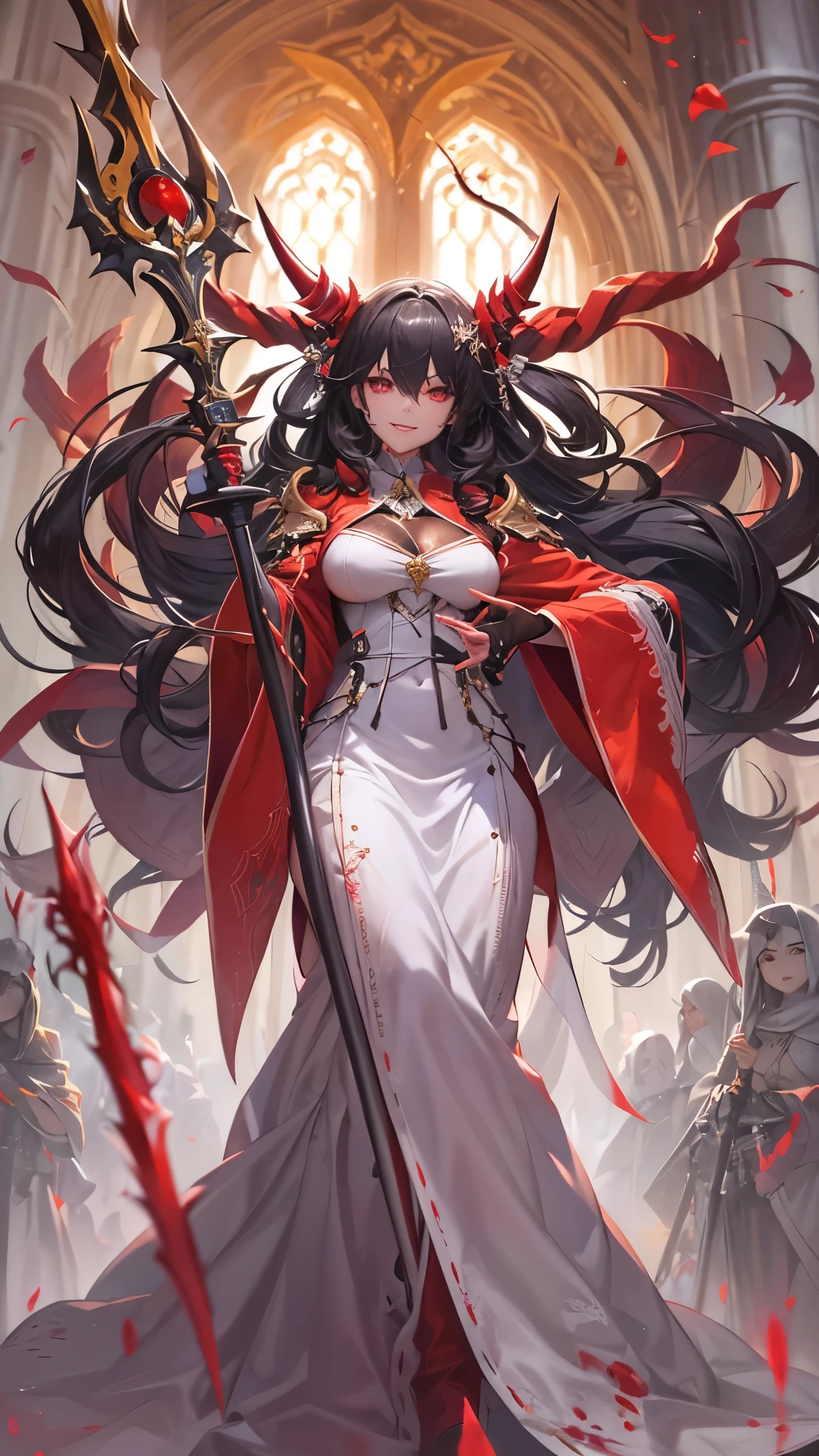 ((devil priest girl)), (open arms) ((battle fighting stance)) (hand holding biggest mace with thorns grippingmace in hands), low-angle (solo:1.3 curly black hair long hair lovely devil priest girl, 14 yo, cute red eyes, evil smile), in a devil robe, ((fresh blood)), break, perfect anatomy, masterpiece:1.2, best quality, 8k, beautiful detailed grow, daydreaming expression.