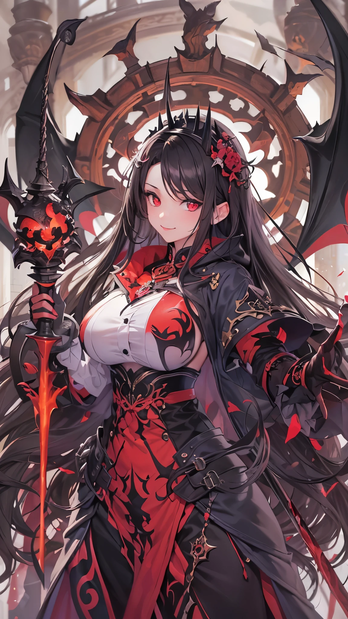 ((devil priest girl)), (open arms) ((battle fighting stance)) (hand holding biggest mace with thorns grippingmace in hands), low-angle (solo:1.3 curly black hair long hair lovely devil priest girl, 14 yo, cute red eyes, evil smile), in a devil robe, ((fresh blood)), break, perfect anatomy, masterpiece:1.2, best quality, 8k, beautiful detailed grow, daydreaming expression.