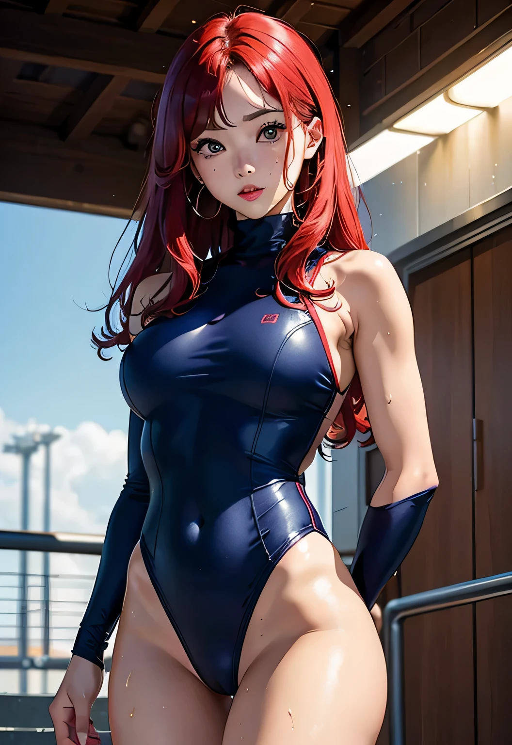 realistically、Super high saturation、8k、red long curly hair(((A 30-year-old girl)))、((She is wearing an red and navy blue turtleneck indigo swimsuit。)).、swim、Thighs are thicker、Pay attention to muscle development。、Various sexy pose swimプールround olympic 体操選手ics stadium 美しい顔, Highly detailed facial and skin textures, (Eyes have small wrinkles, double eyelids, thin eyebrows, glitter eyeliner: 1.2, natural cheeks, skin shiny, White skin,, (shiny lips: 1. 4),Sweating 1.0、(((vitality)))