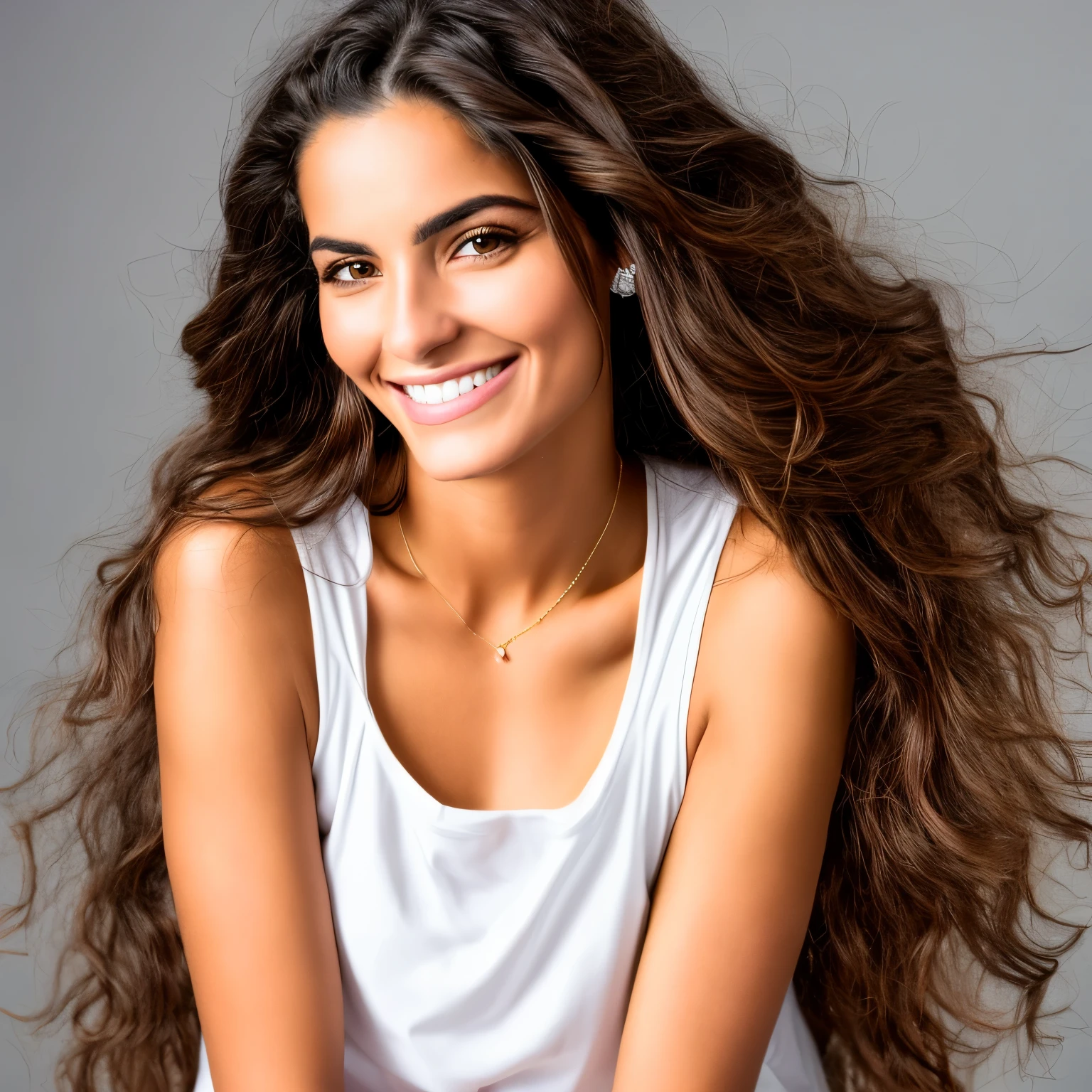 Retrato una mujer, 25-years old, morena pelo largo, cara detallada, ojos oscuros grandes con brillo, sonrisa, piel clara,