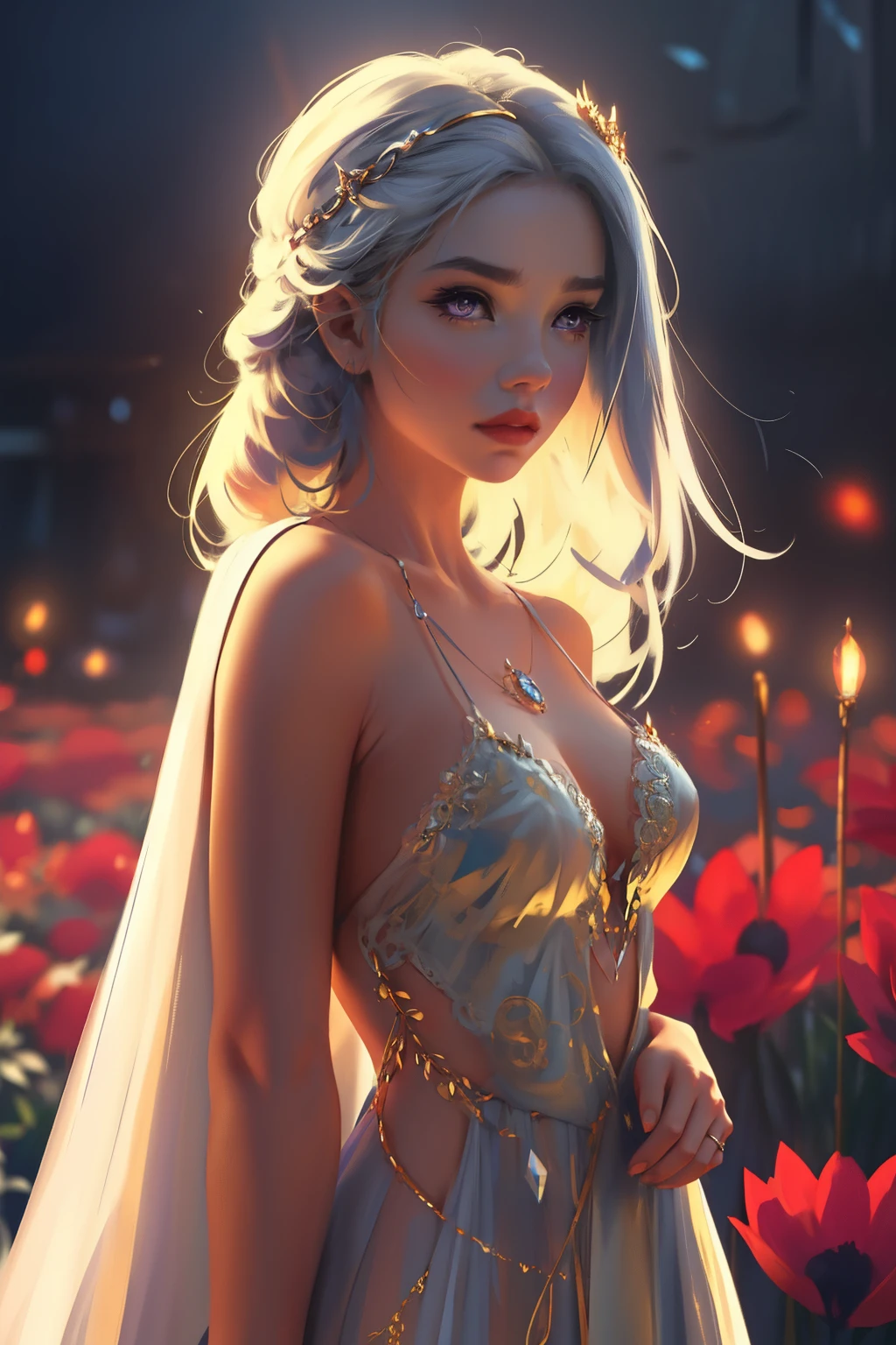 Light, neon, garden, red and blue tones, a girl dressed in a pale white simple silk dress with silver embroidery, looks like Daenerys, long white loose hair, stunning purple eyes, expressive breasts, gold jewelry, delicate face, intricate details, beautiful fantasy setting, 8K, HD