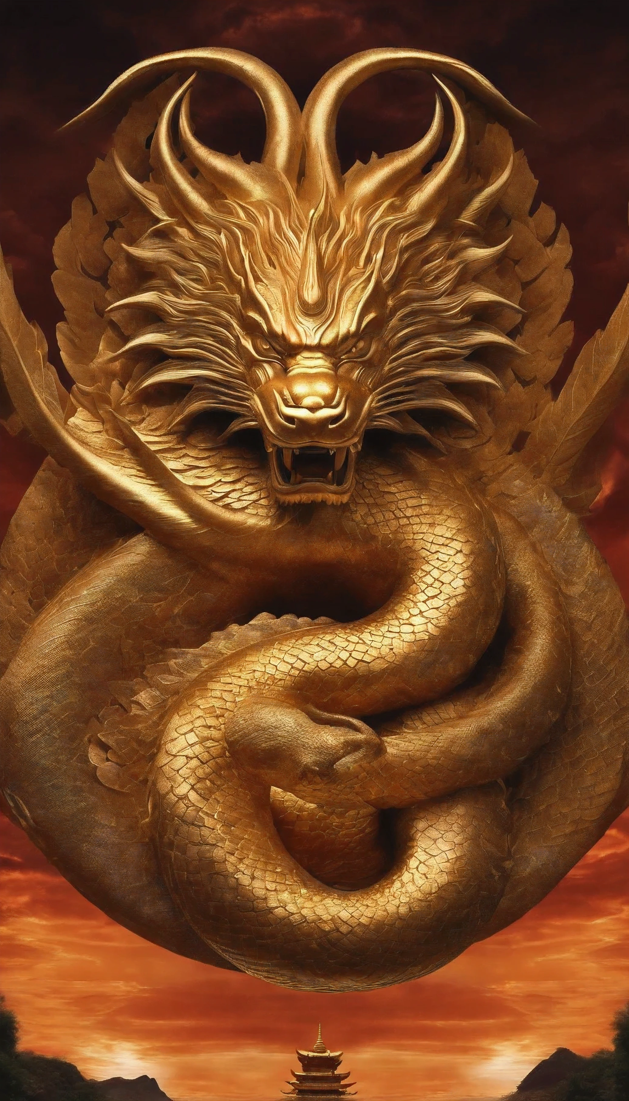 「I will create an illustration of Kinryujin...。long as a snake、look up、Thang Long、Sunny、Spiritual、Spirit、chakra、Spiritual world、wonderful」、((View from the front:1.4))、((golden:1.4))、((head shot:1.4))