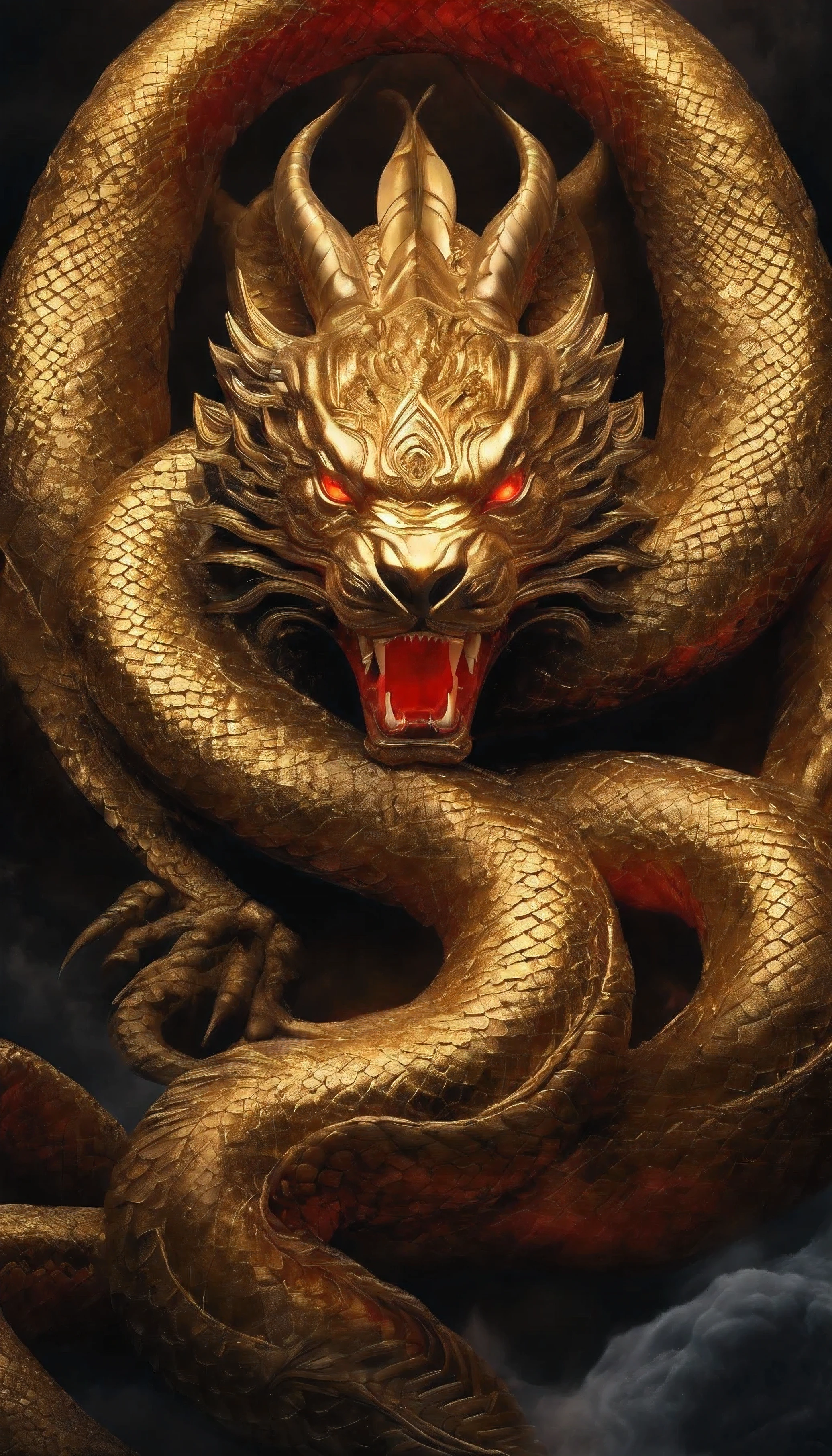 「I will create an illustration of Kinryujin...。long as a snake、look up、Thang Long、Sunny、Spiritual、Spirit、chakra、Spiritual world、wonderful」、((View from the front:1.4))、((golden:1.4))、((head shot:1.4)), red eyes