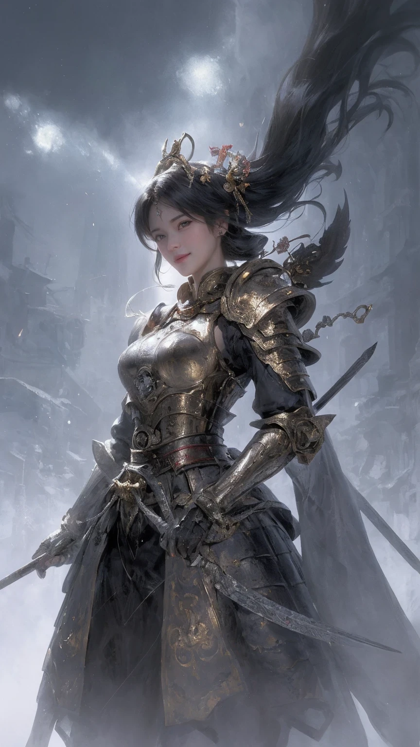 (((masterpiece))), realist, absurd_anything, (best quality), (extremely complex), (realist), (sharp focus), (The award-winning), (movie lighting), (Very detailed), (1 girl), only, pretty Woman, pretty face, Red and white hair, Samurai woman, 20 years old, Expression serious and focused, ((Edo period armor)), Exquisite and perfectly detailed samurai armor, High contrast, ((Gold and black armor plates)), Dark and terrifying atmosphere, Foto hiperrealist, In post-production, Perfect the details, acuity, y contraste para lograr el efecto hiper - realist, Art Station Trend, sharp focus, Studio photos, intricate details, Very detailed, Lieutenant Greg Rutkoski, ((blurred background)), diffuse background, Ambient light in the background, (Light hits the model),