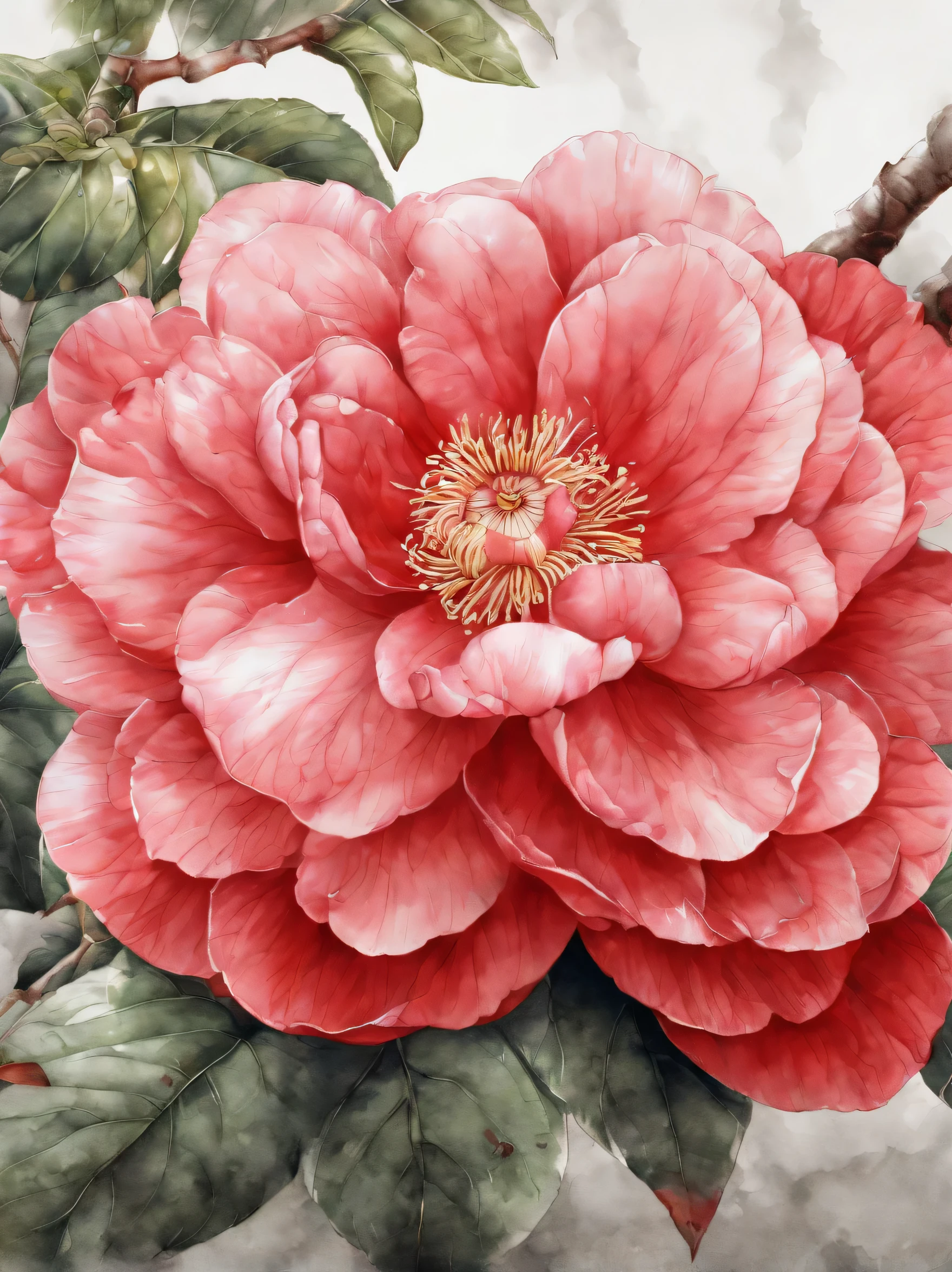 Detailed description,flat,Chinese style,Ink painting and watercolor painting,(Red camellia),elegant linearity,Hand drawn and awesome