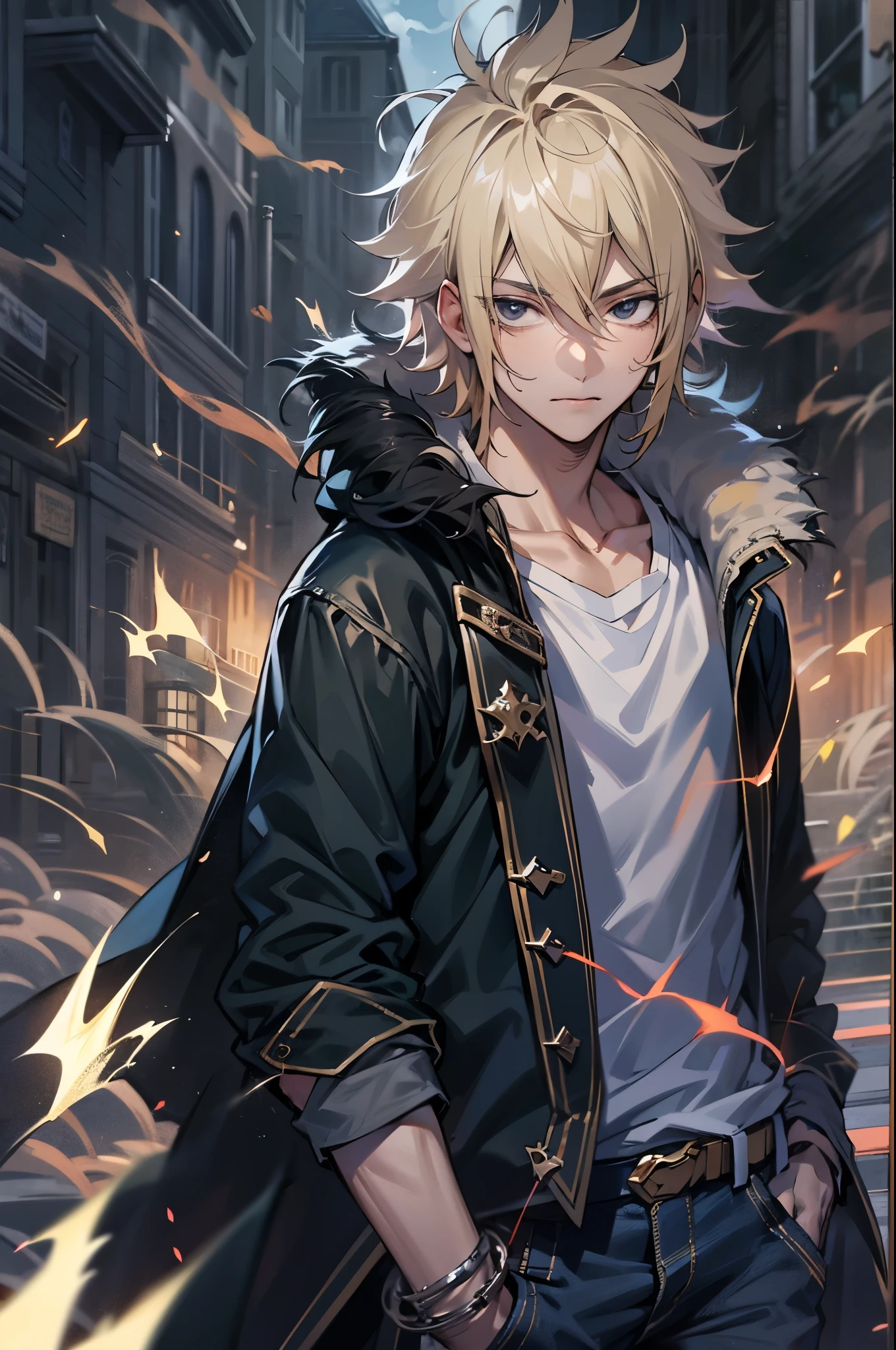 1male, , Blonde Hair, Messy Hair Black Eyes, Fairy Tail, Black T-Shirt, Lightning Aura, Fantasy Town, Standing On Path, Jeans, Black Coat with White Fur Trim