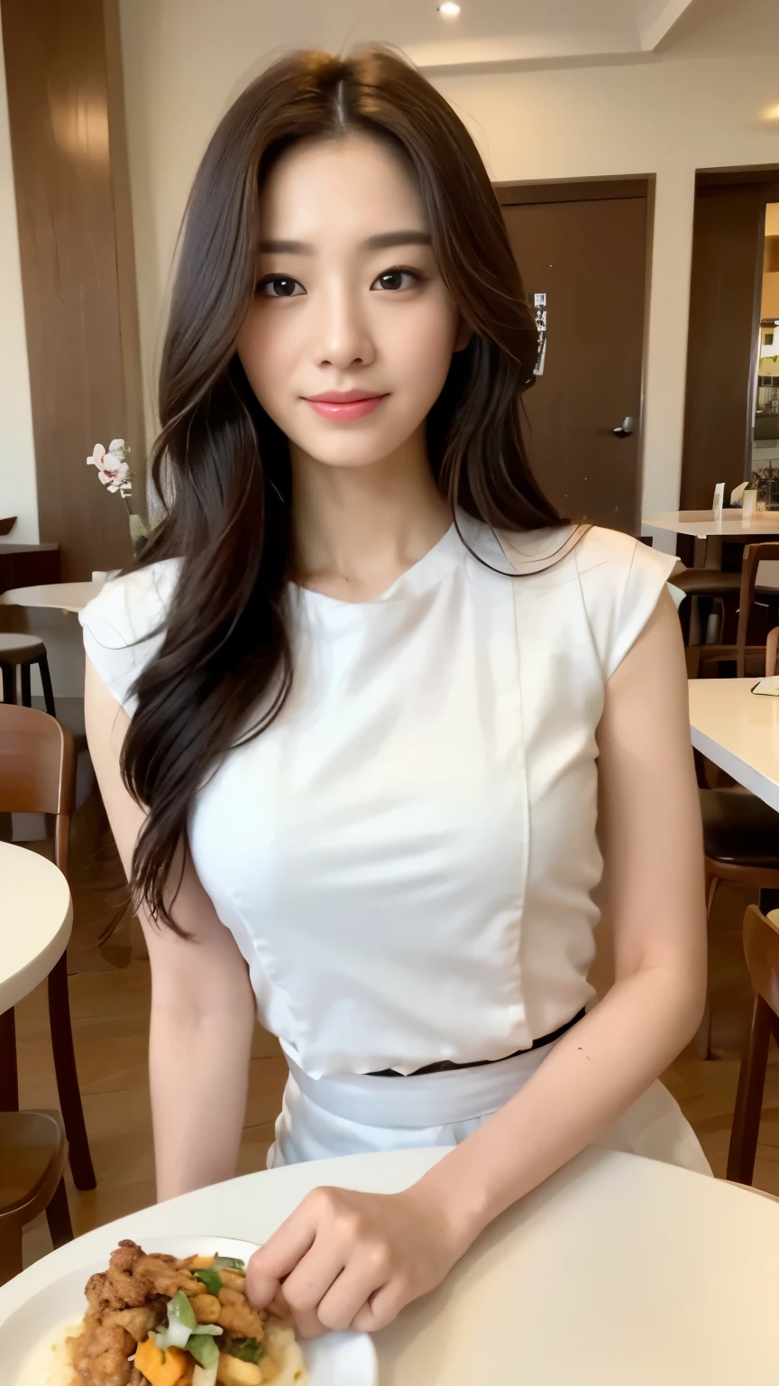((top-quality、8k、​masterpiece:1.3))、Beautiful woman with perfect body:1.4、slim abdomen:1.2、Longhair, normal breast, Highly detailed facial and skin texture, A detailed eye, delicate eyes, double eyelid, (smile), (full body shot), ((restaurant 1.2)), (sitting on chair), ((wearing white uniform)), looking in front, (food on the table)