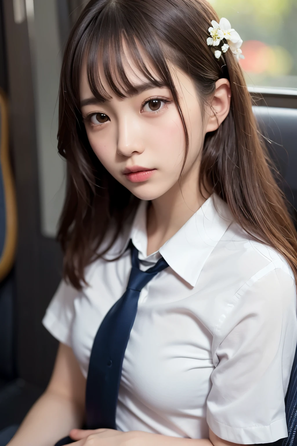 small breasts、Pechabai、Cutting board breast、(muste piece、highest quality:1.2)、8K、15 year old student、85mm、official art、Raw photo、Unreasonable、white shirt、cute face、Close-up、Upper body、Violet、gardenia、beautiful girl、school uniform、(navy)pleated skirt:1.1)、cinch waist、thighs thighs thighs、short sleeve、Inside the train、sit on a bench seat、Viewer&#39;s perspective、No makeup、(smile:0.4)、film grain、chromatic aberration、sharp focus、face light、clear lighting、teen、detailed face、background bokeh、(dark red tie:1.1)full body esbian、