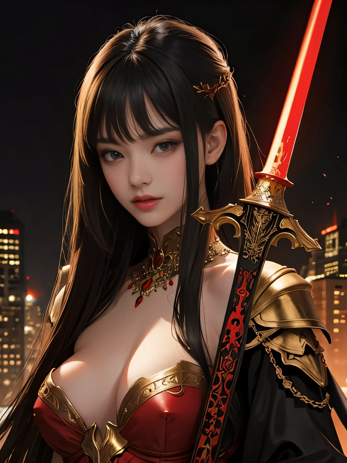 NSFW((masterpiece)), (((Best Quality))), ((Ultra-detailed)), (extremely detailed photo), ((extremely delicate and beautiful)),(Cute delicate face), (A 25 years old dignified girl),red and black armor ,(holding a red glowing sword ),against a dark background in a city,solo, black hair, double eyelid,delicate skin,slender body shape,