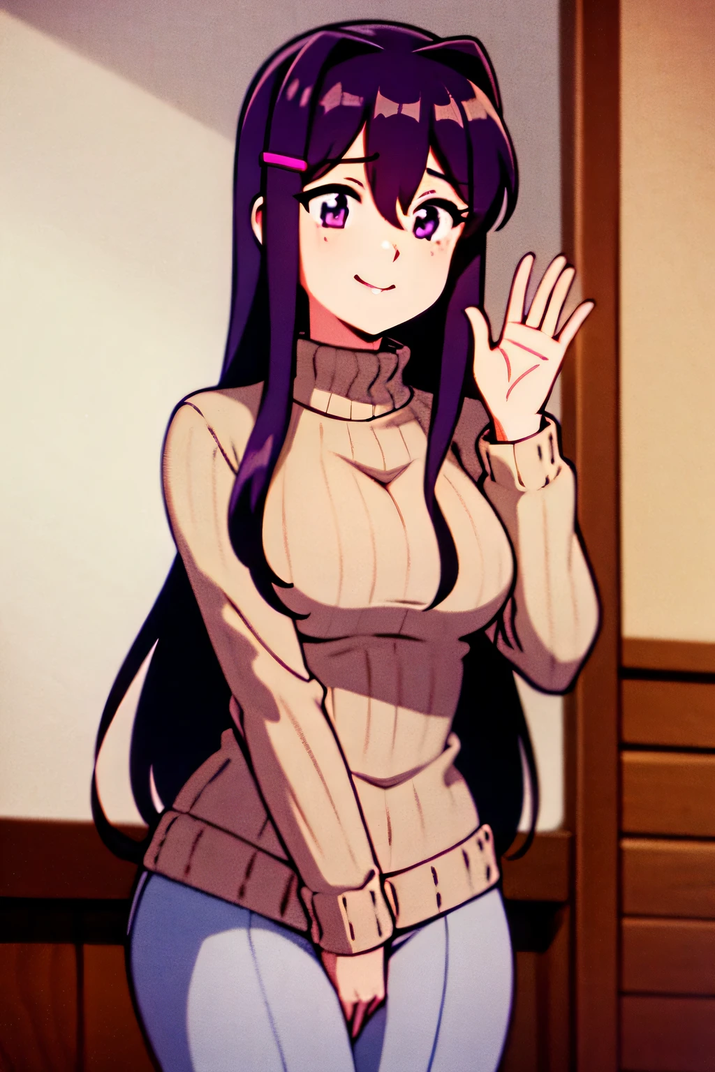 Yuri shyly waving in front of a mirror in his room., shy look, sonriente, DDLCYURI, adorno para el pelo, Pecho grande, turtleneck, Pinza para el cabello, pelo entre los ojos, pelo largo, (ojos morados:1.1), cabello purpura, grey sweater, pantalones, estilo de los 80