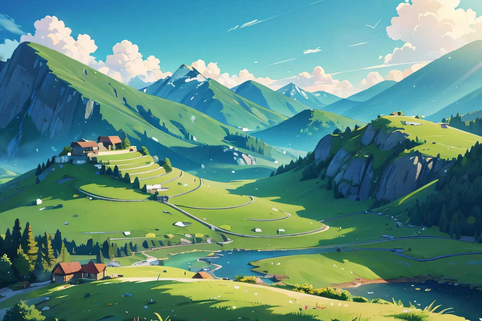 (illustrations : 1.0), photorealistic lighting, HD detail, Summer, green mountain, Mountain ranges, Ben