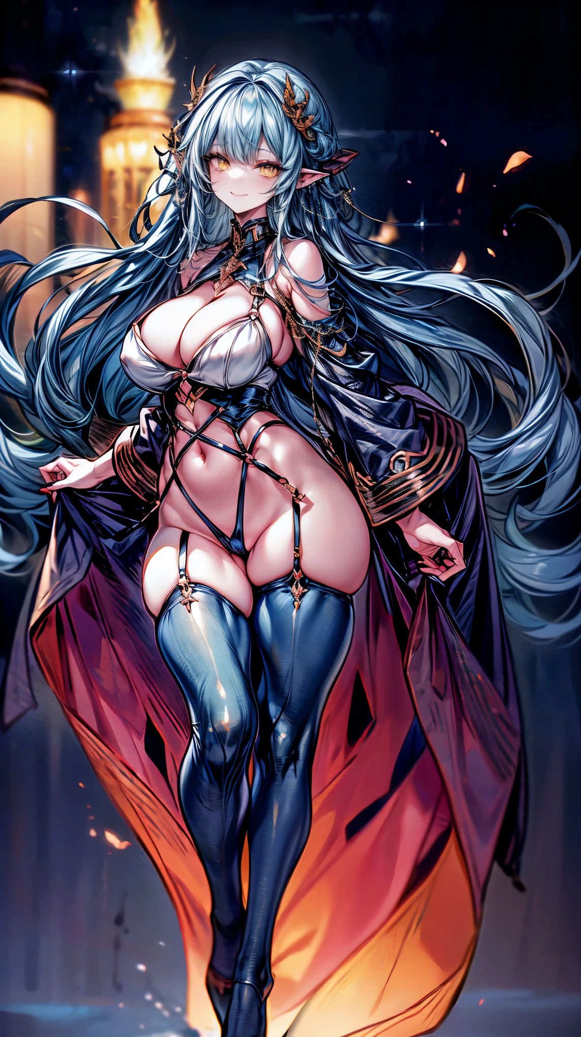 sensual, long blue curly hair, thick thighs, 8k, 4k, highest quality, High resolution:1.2), cute anime face, noise reduction, ((shining yellow eyes, gentle smile, kind eyes))、toned abdominal muscles, muscular arms, muscular legs, young face, anime eyes, (((big breasts、A chest that is about to burst)))、(((bondage style)))、(((Rear view、I'll turn around、emphasize the buttocks、T-back that digs into your butt)))、blue skin tone、devil's horns、(SFW giant body:1.8)
