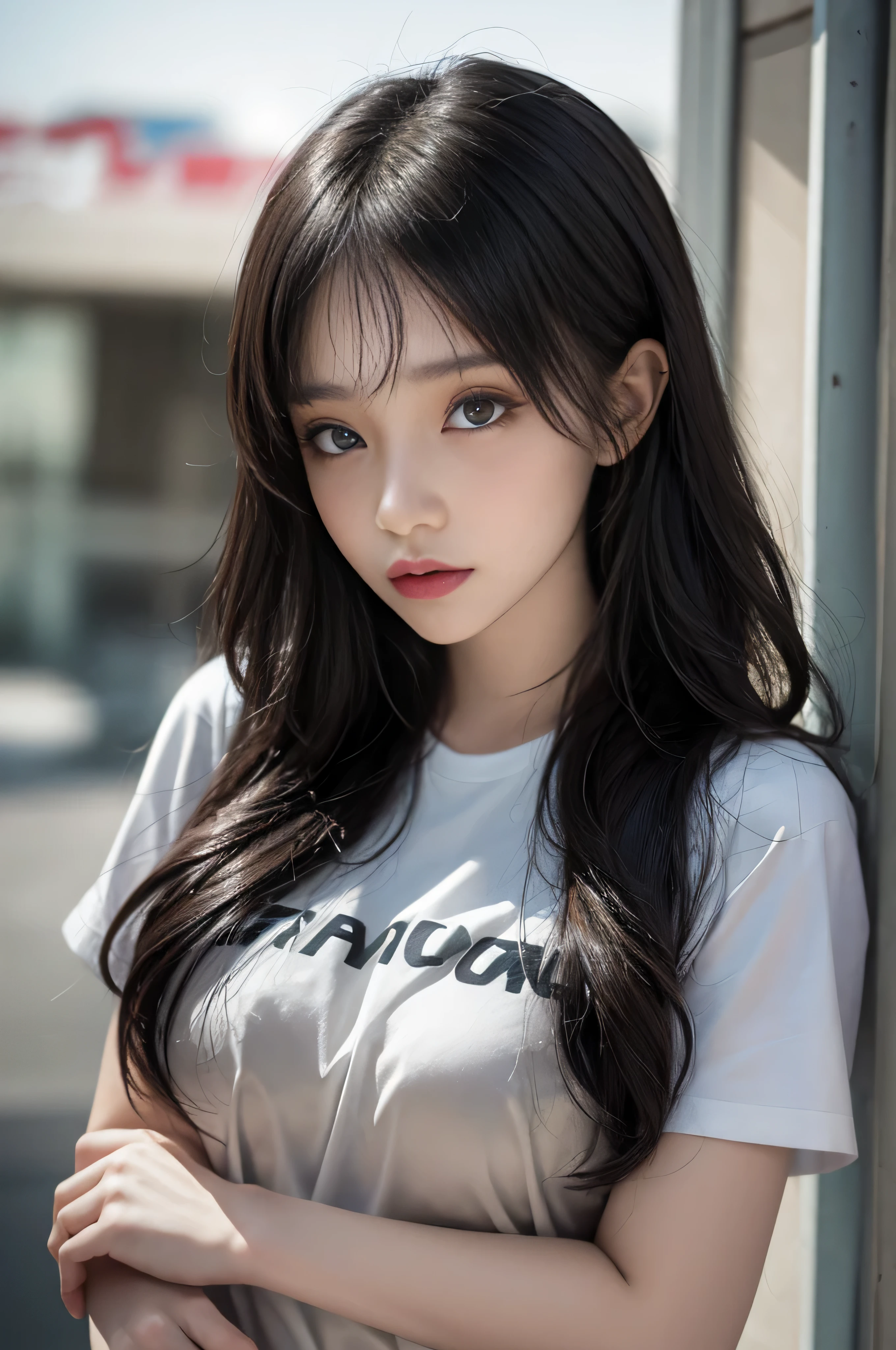 (1 girl),large Chest, Chest, tan, dewy skin, sweaty skin, black curly hair, punk tshirt, punk girl
