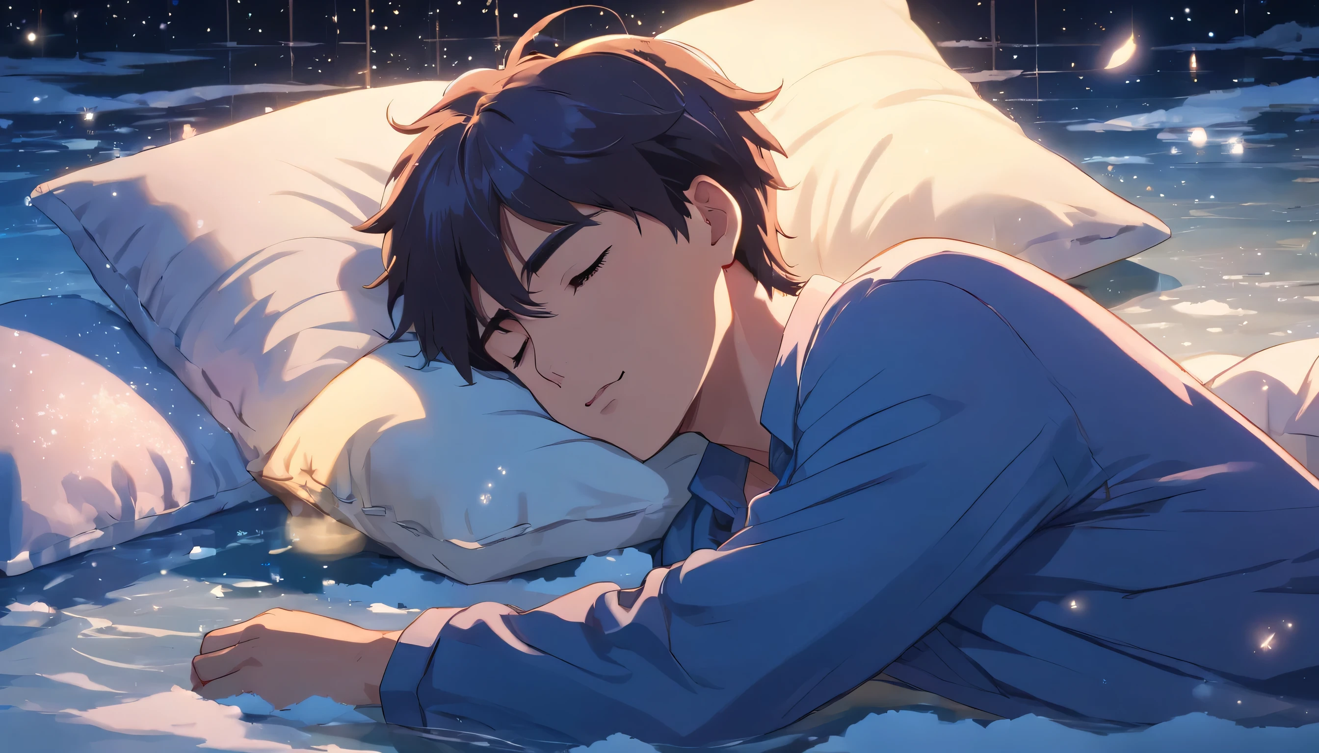 A handsome man in his 20s in pajamas lying on a pillow in the water against the backdrop of a snowy night star is sleeping with his eyes closed, Eyes closed, a snowy day, snowing, shooting, stars, fireflies