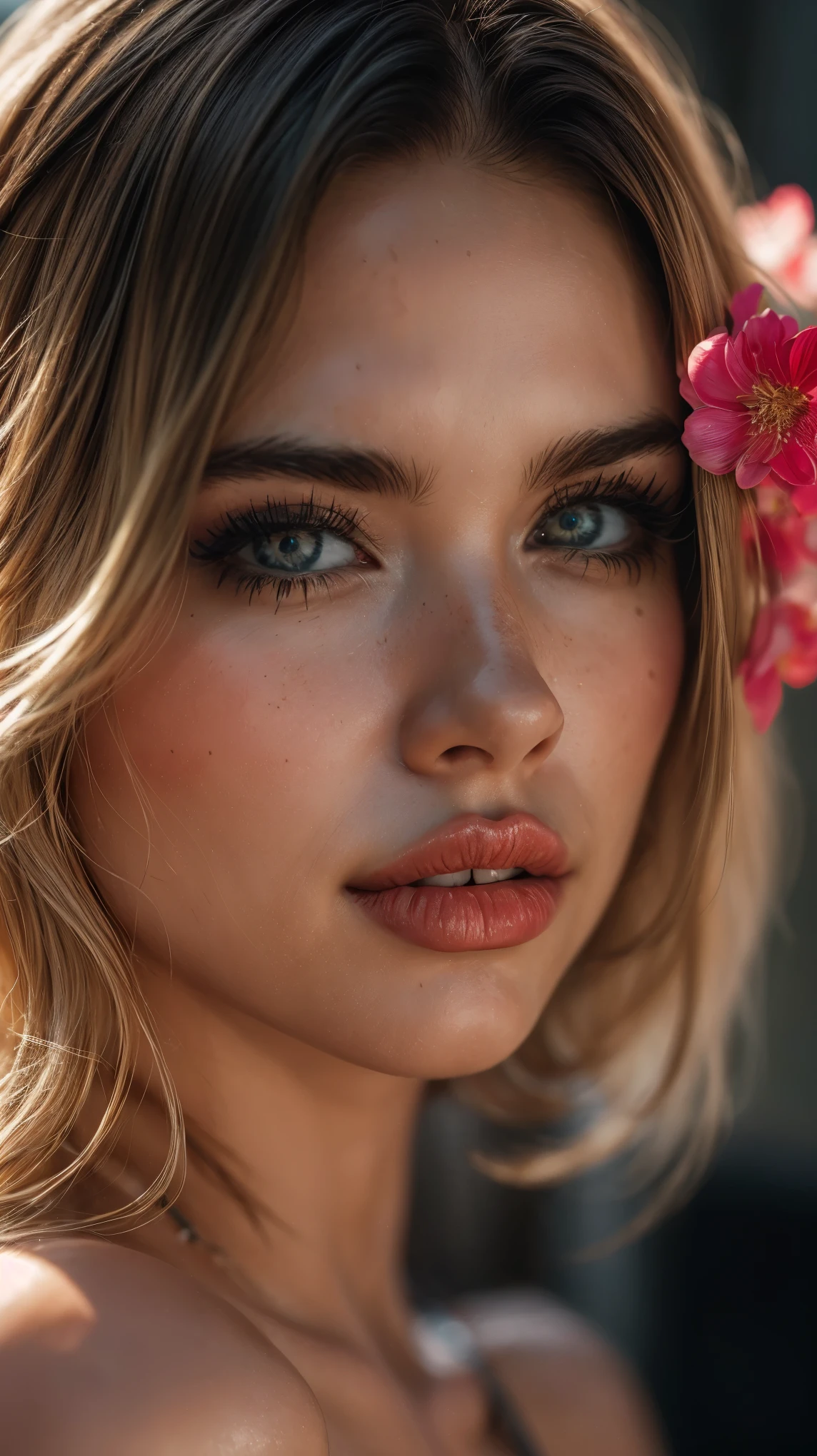 (((Ultra-realistic))), (artistic realization), (ultra-detailed face and eyes: 1.4), 1 girl, (blonde) , (naked) , (thick tousled hair), Detailed eyes, (large detailed lipakeup, (Natural breastany sakura flowers around, close-up, close to the camera)), Dark atmosphere of the frame, (ultra detailed), smile