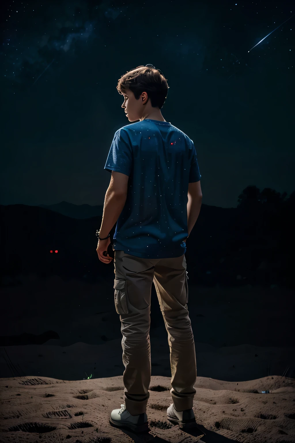 masterpiece, best quality, high quality, highres, 1boy, solo, wear sweetshirt seen from behind, full body, standing on the moon, hands in pockets, depth of field, space in background (with stars and galaxy)