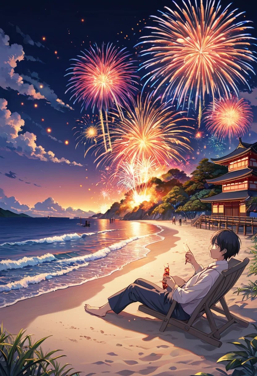 new year eve on beach, fireworks, Japanese, best quality, masterpiece, Representative work, official art, Professional, Ultra intricate detailed, 8k