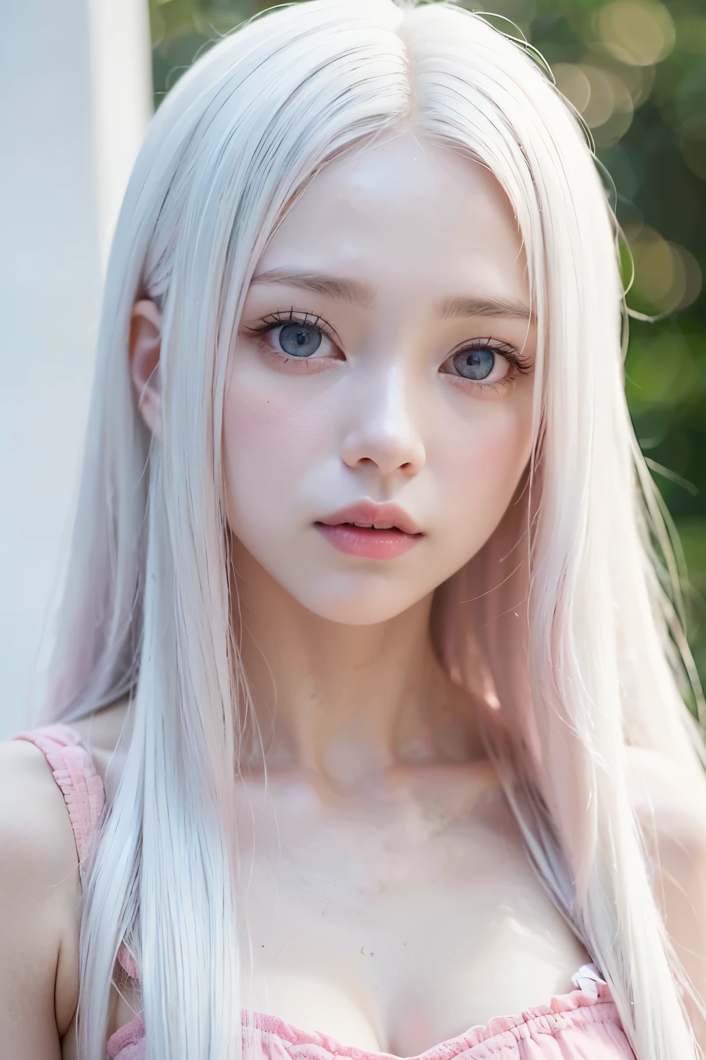((Insanely good quality, an animated girl with a cute face, pale and porcelain looking skin, her eyes resemble a doe's because of how innocent-looking they are. WHITE LONG HAIR and ((PINK)) DOE EYES. ) )
ANIME GIRL
((HOT PINK EYES))
((WHITE HAIR))