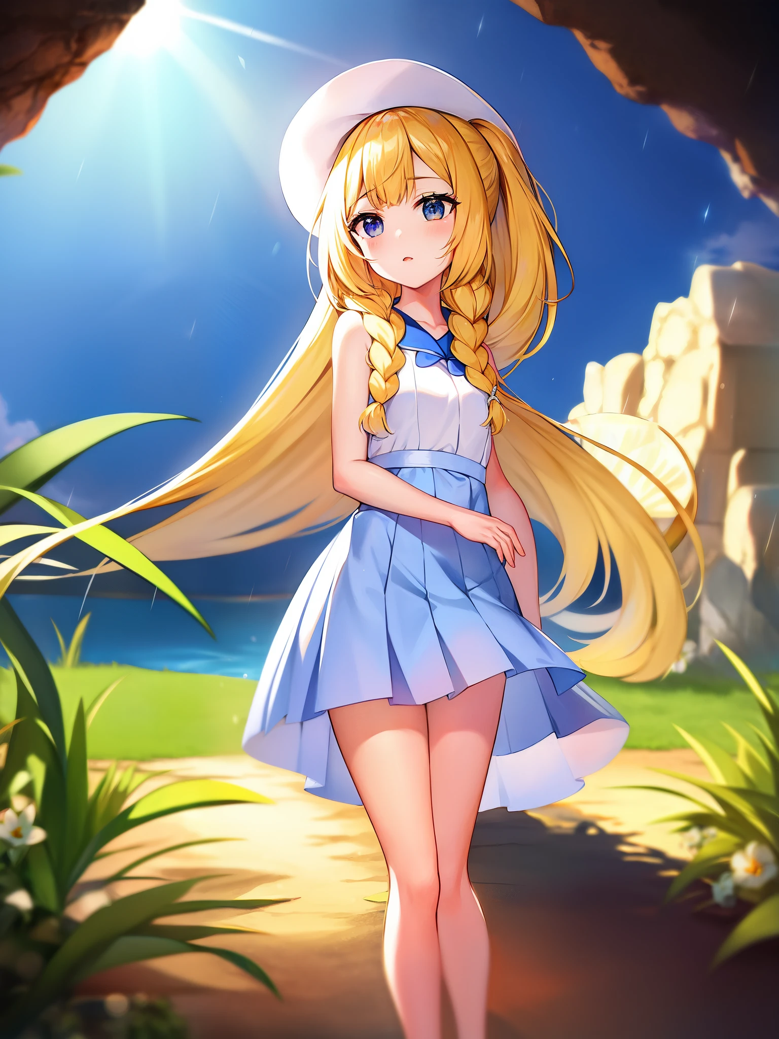 Pokémon、solo、1 person、sunset、Tropical Alola region、Lillie、Snow-white skin and long pale blonde hair、White princess-line sleeveless dress and white wide-brimmed hat、french braid、high ponytail、blue mini skirt、blue pleated skirt、sailor color、shirt、short sleeve、blue skirt、白いshirt、white skirt「Lady」、blonde girl、Pippi Ningyoya Cosmetics、orthodox heroine、Lily flower、Escape from the rain and take shelter together in a cave、Lillieは月の象徴で、Hau is the image of the sun。Lillieが月ではなく、I will become a shining sun」、pacifist、Directional tone deafness、