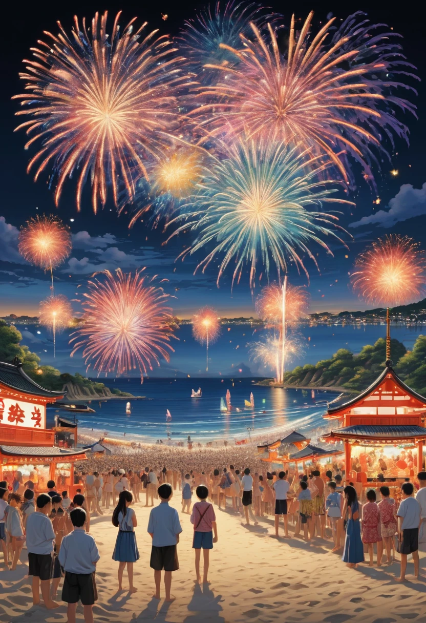 Summer festival on beach, asl, fireworks, Japanese, best quality, masterpiece, Representative work, official art, Professional, Ultra intricate detailed, 8k
