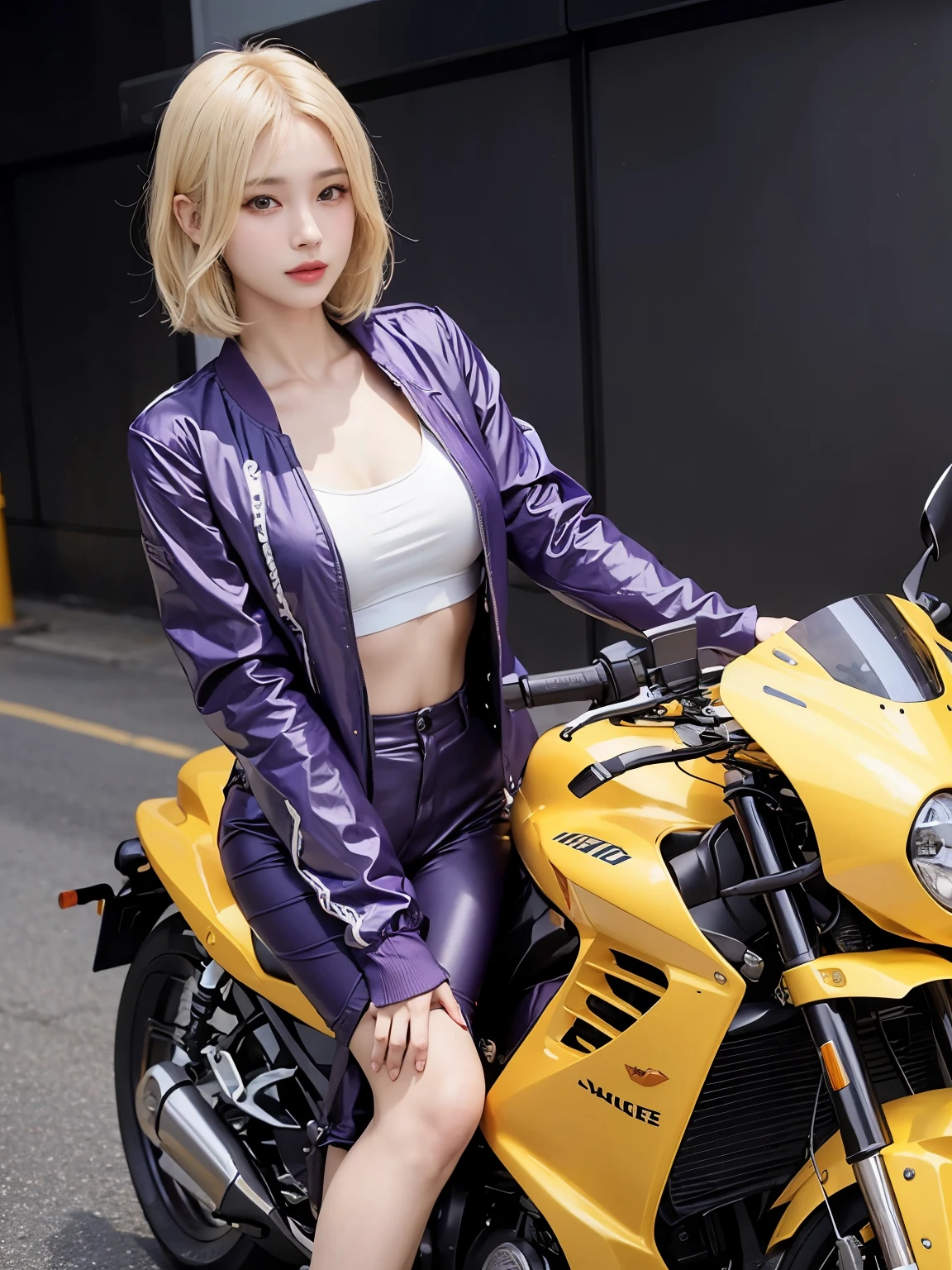 (realistic:1.5), 8k, Super delicate beauty, 1 girl, intricate body details, (short: 1.3), (highest quality: 1.0), (Super high sharpness: 1.0),(Beautiful and delicate depiction of eyes),((((ride a motorcycle)))),unreal engine:1.4, photorealistic:1.4, skin texture:1.4, masterpiece:1.8,highest quality、smile、long limbs、((purple jacket and long pants))