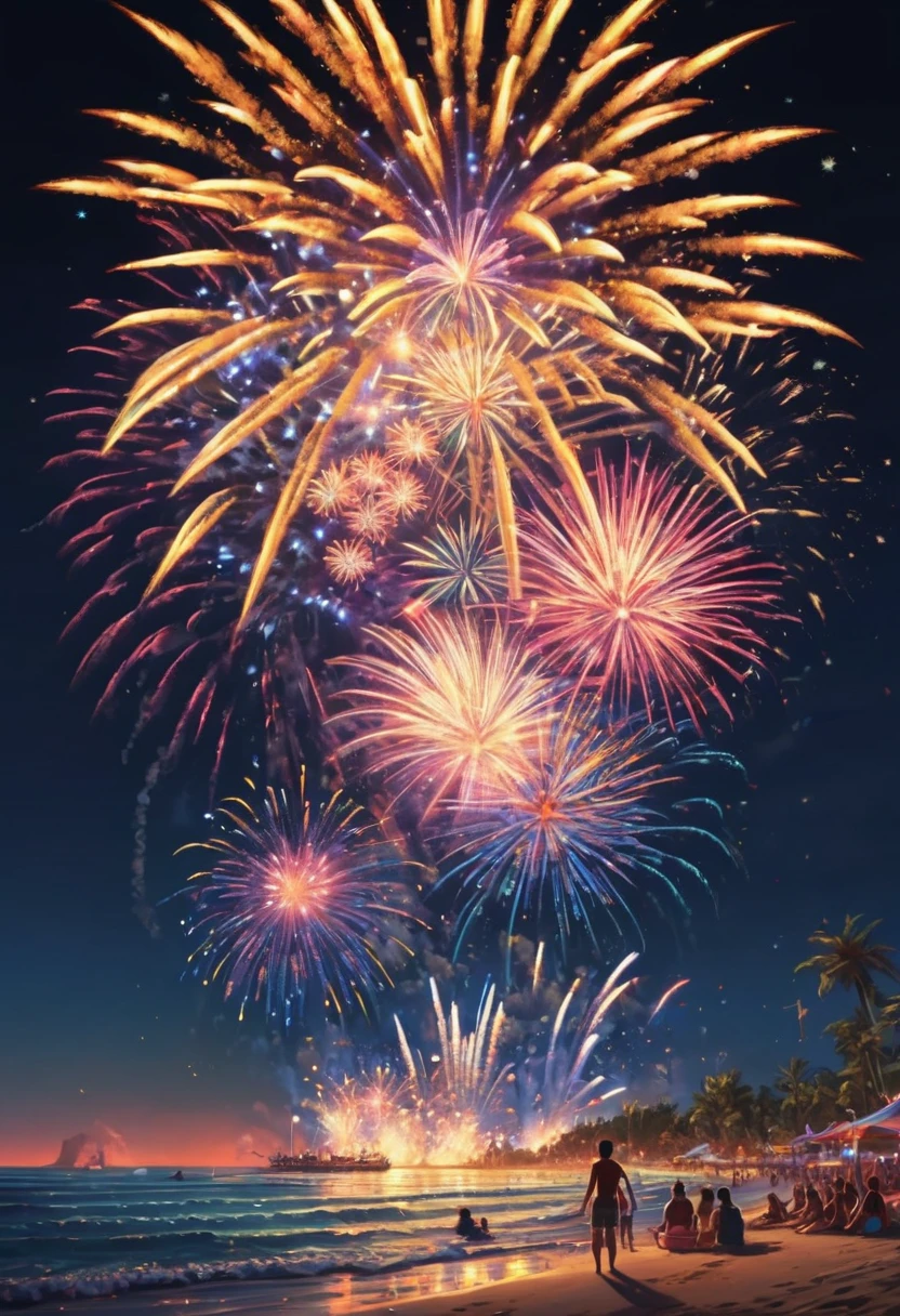 Summer festival on beach, asl, fireworks, best quality, masterpiece, Representative work, official art, Professional, Ultra intricate detailed, 8k