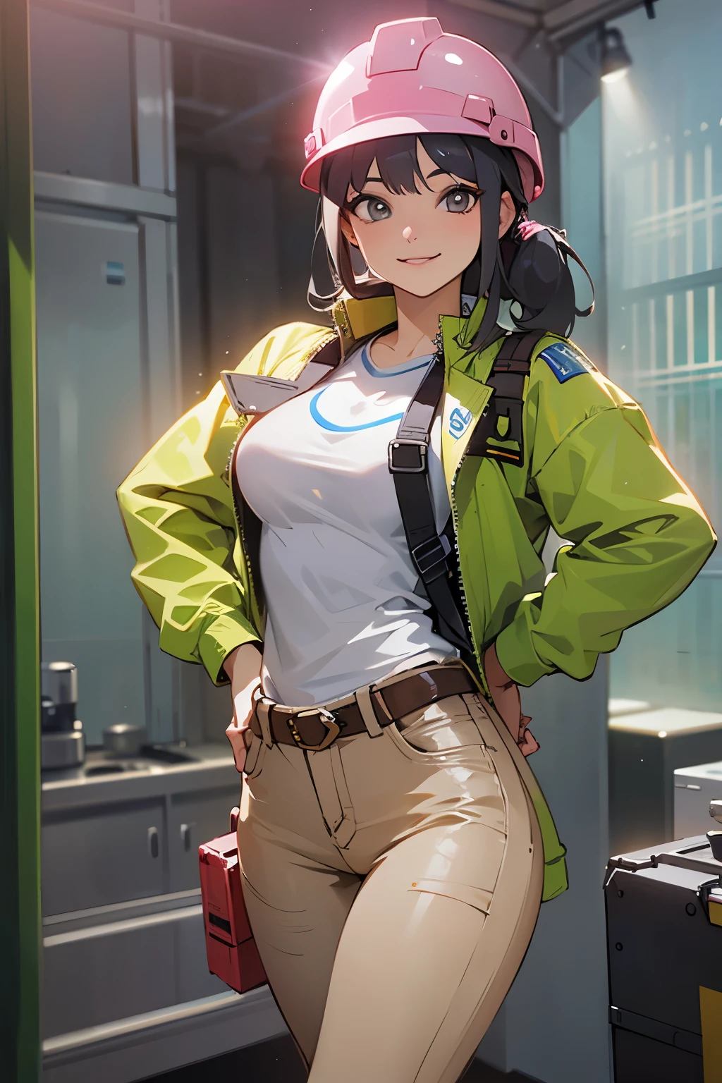 Female 25 years old,Front facing、jeans作業服 、shiny skin、Looks like work is fun、smile、 fine fabric texture, jeans、long sleeve shirt、pink helmet,Construction site、Rear show window、return、looking at camera、Backlight