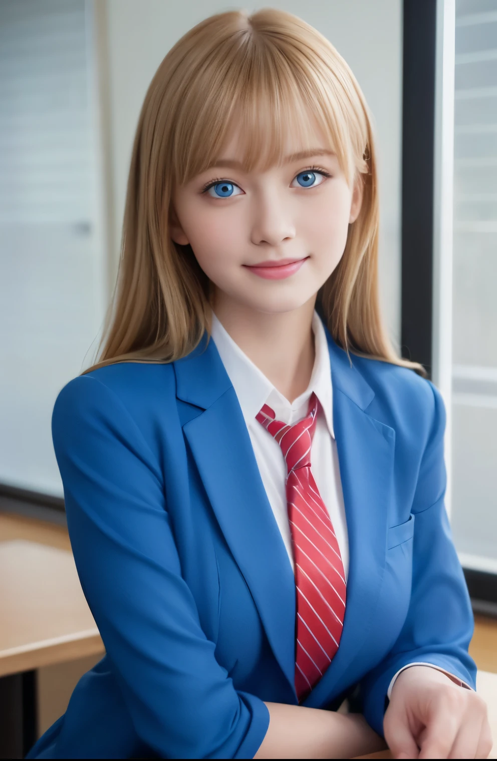 table top、highest quality、 super detailed、High resolution、8k wallpaper、perfect dynamic composition,、detailed and beautiful eyes、(beautiful breasts:1.2) 、blue blazer、white shirt、red tie、1 girl、beautiful girl、blonde hair、shortcut、long bangs、blue eyes、blue eyes、blue eyes、primary school student、、smile