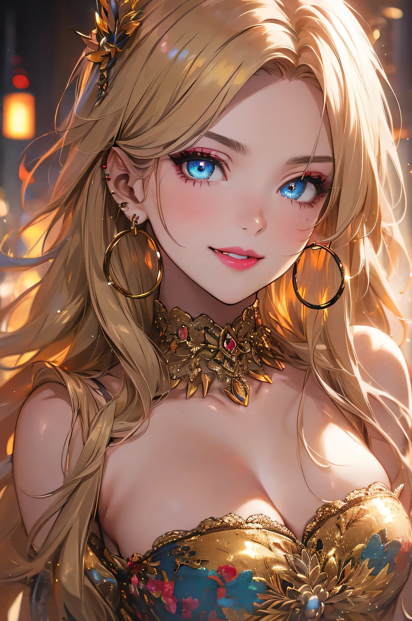 anime style, movieポートレート写真, 1 female, 22 years ago, Full body Esbian,blue eye background, big and full breasts, anger, (lemon colored hair), long hair, red eyes, wearing a pink dress, (natural skin texture vivid details, surreal, (realistic detailed eyes, natural skin texture, realistic facial details), soft and dramatic lighting, Depth of written boundary, Bokeh, vivid details, surreal, 35mm movie, hazy blur, movie,lipstick, ear piercing, eye shadow, hoop earrings, red pink lips, multicolored eyes, Yellow theme,,Wear an iridescent aura,smile、smile、the corners of the mouth rise