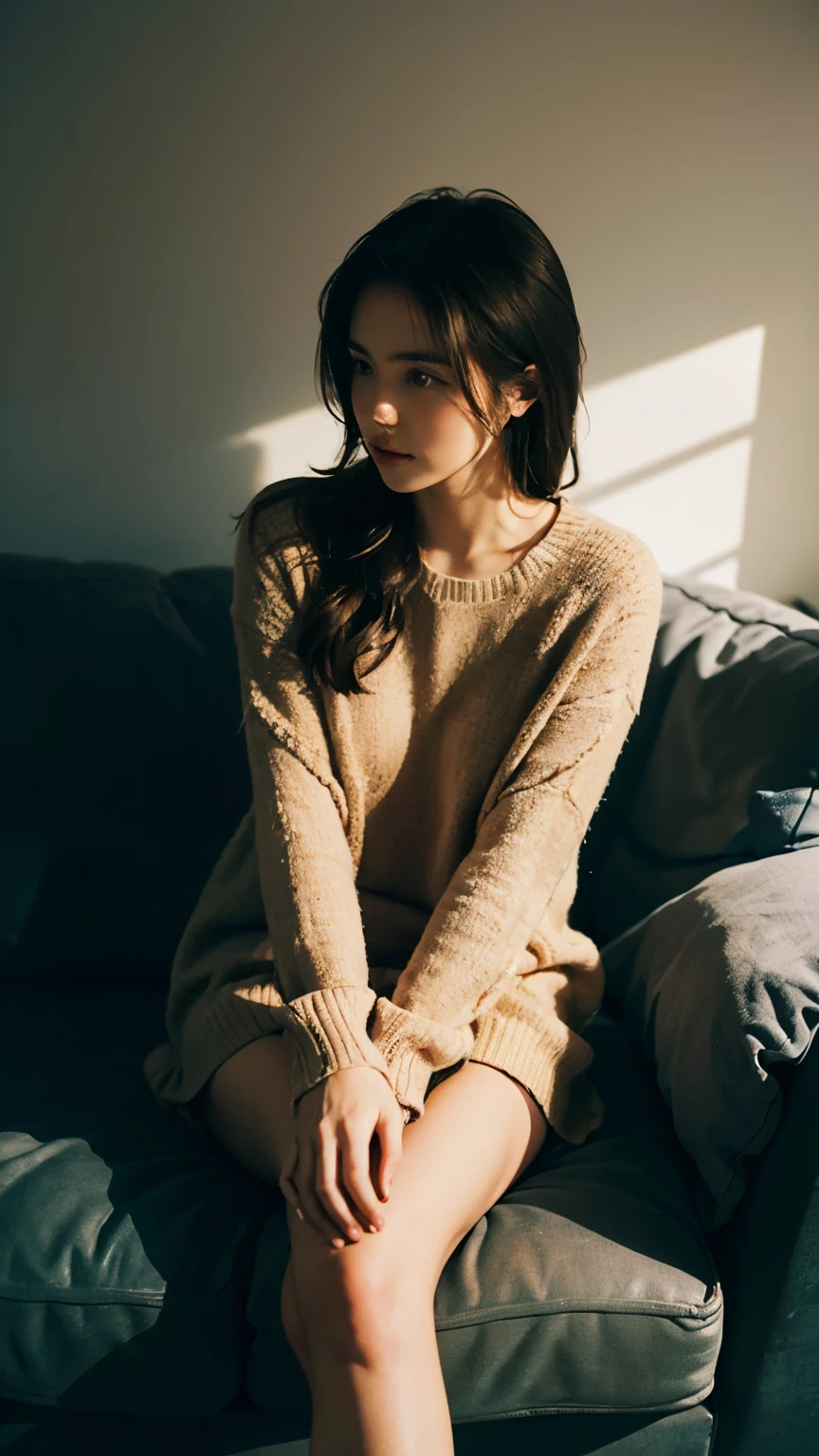 1 girl,sitting on a cozy sofa,cross your legs,soft light