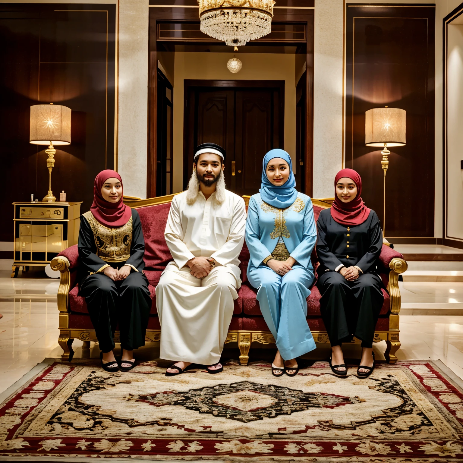 make a realistic photo, an Indonesian Muslim family of 4, father, mother and 2 children, wearing the same formal Indonesian clothing. 28 year old father with a skullcap, 27 year old mother with a hijab. 3 girl with hijab. 12-year-d bith aullcap, they sit on an elegant white sofa. their left and right hands meet as if apologizing, a slight smile on their faces facing the camera. Behind them is a large Arabic calligraphy painting. Luxurious room with classic lamps and ornaments. everyone is cheerful, wearing batik clothes, photos, casual/professional photos, 4k, 8k Ultra, Epic, detailed and complicated, smooth, FHD .Realistic.