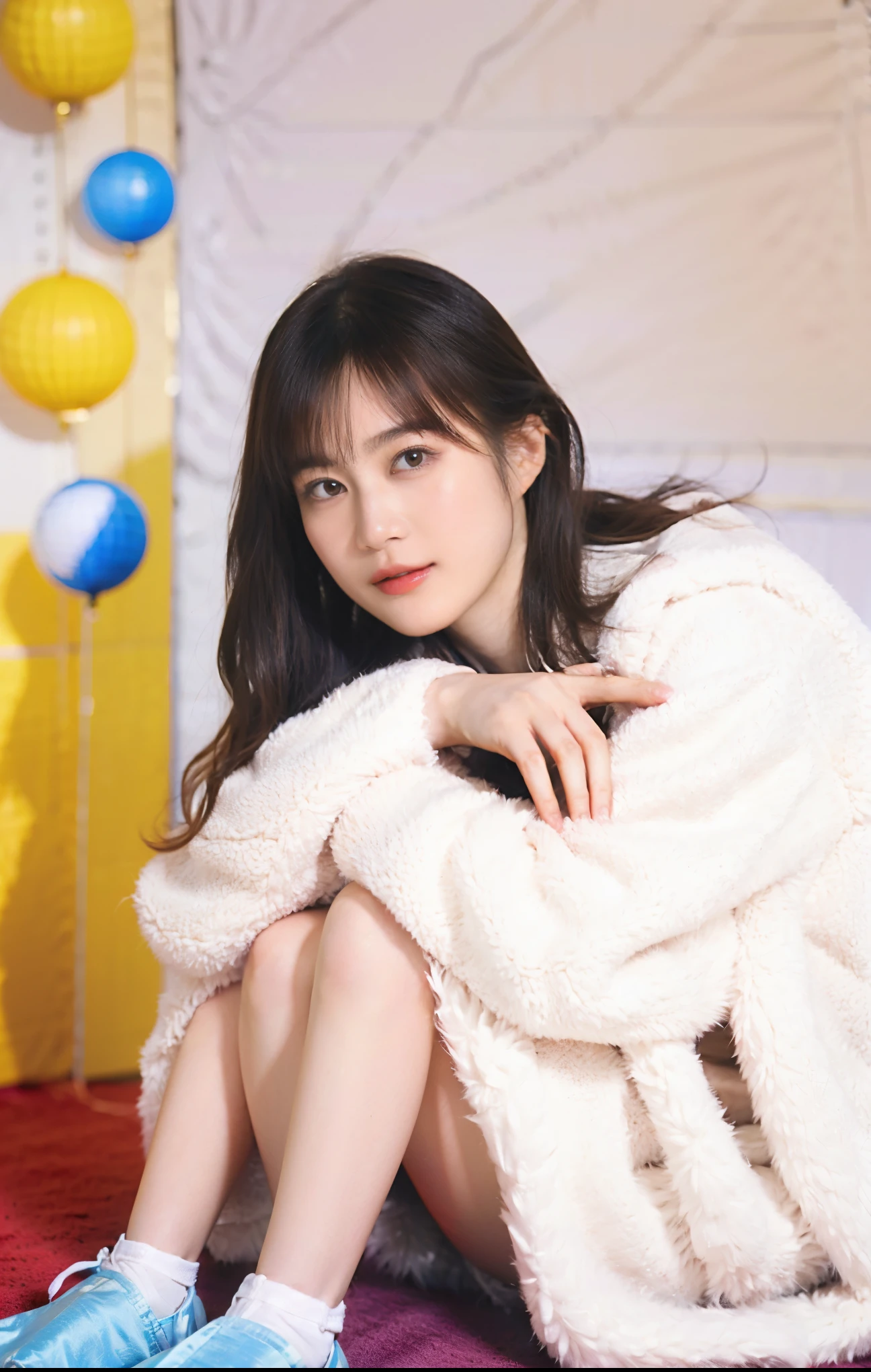 araffe woman sitting on a bed with a white sweater and socks, young and cute girl, cute young woman, cute young girl, gorgeous chinese model, a cute young woman, gorgeous young korean woman, in white clothes, pretty face with arms and legs, young asian girl, lovely woman, good young girl, beautiful young korean woman, beautiful asian girl, white clothes