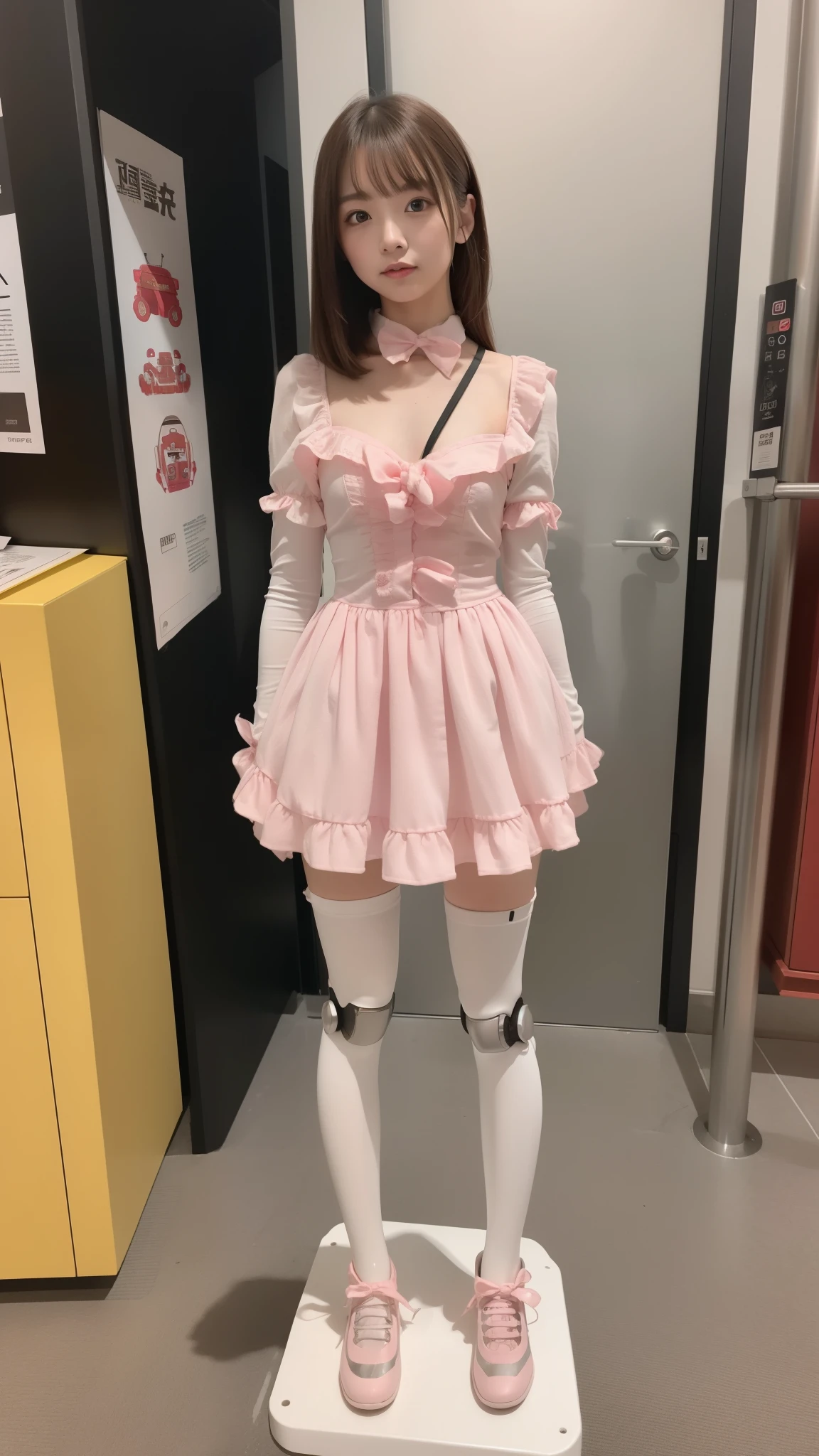 Robot Girl, pink there, Silver, Metallic body, Robot Parts, Metal Parts, Super Detailed Face, Super well-formed face, of the highest quality, a small face, a small head, Brown hair, Slender body, Camera gaze, Internal Mechanical Exposure, Idol, front facing, Well-proportioned body, sale, Exhibited, Event Hall, Moe Pose, pink metallic Lolita dress machine armor, Standing with legs open, Model body type, sad, Embarrassing,(Perfect Robot Girl),(Perfect machine body)