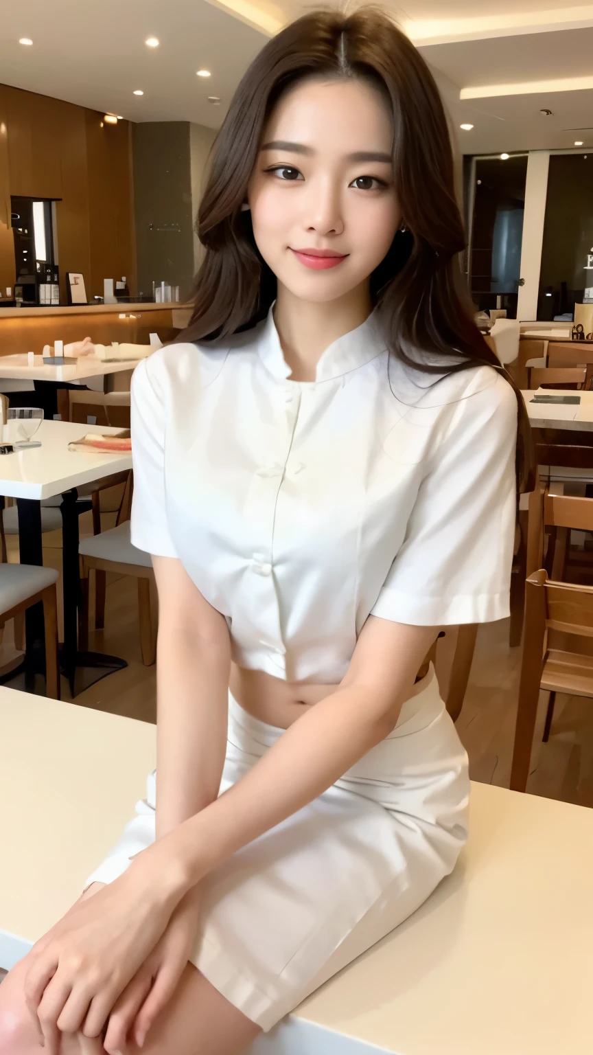 ((top-quality、8k、masterpiece:1.3))、Beautiful woman with perfect body:1.4、slim abdomen:1.2、Longhair, normal breast, Highly detailed facial and skin texture, A detailed eye, delicate eyes, double eyelid, (smile), (full body shot), ((restaurant 1.2)), (sitting on chair), ((wearing white uniform)), looking in front, (food on the table)