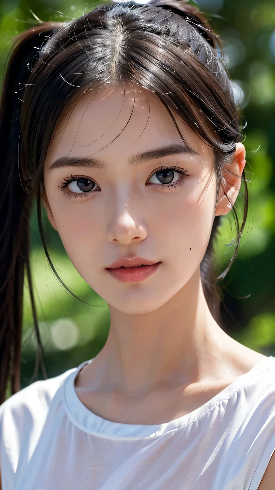 One woman,fully body photo,masutepiece, The highest image quality, High quality, the background is clear,Beautiful woman, Japanese, Detailed, Detailed eyes, Detailed skin, Beautiful skin, 超hight resolution, (reality: 1.4),Very beautiful woman, Slightly younger face, Beautiful skin, slender, (Ultra photo realsisim), (hight resolution), (8K), (Very detailed) (beautifully detailed eyes), (super detailed), (Detailed face), view the viewer, Fine details, Detailed face, Staring straight ahead, Staring straight ahead, photos realistic, Bright lighting, Professional Lighting, Black hair,poneyTail,a baby face,sixteen years old,Hairstyle is ponytail,long ponytail hairstyle,slight smile,cute clothes、