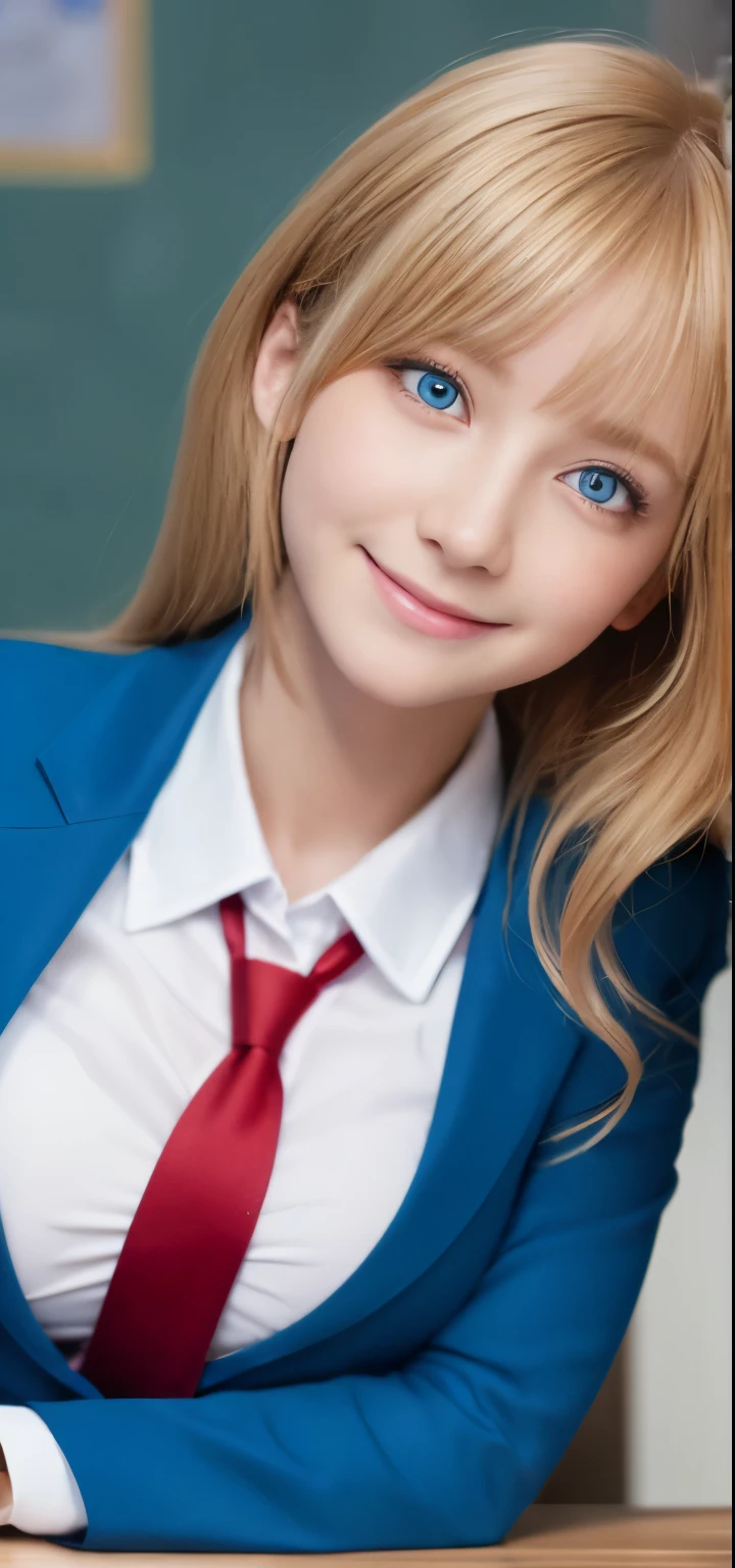 table top、highest quality、 super detailed、High resolution、8k wallpaper、perfect dynamic composition,、detailed and beautiful eyes、(beautiful breasts:1.2) 、blue blazer、white shirt、red tie、1 girl、beautiful girl、blonde hair、shortcut、long bangs、blue eyes、blue eyes、blue eyes、primary school student、、smile、smile