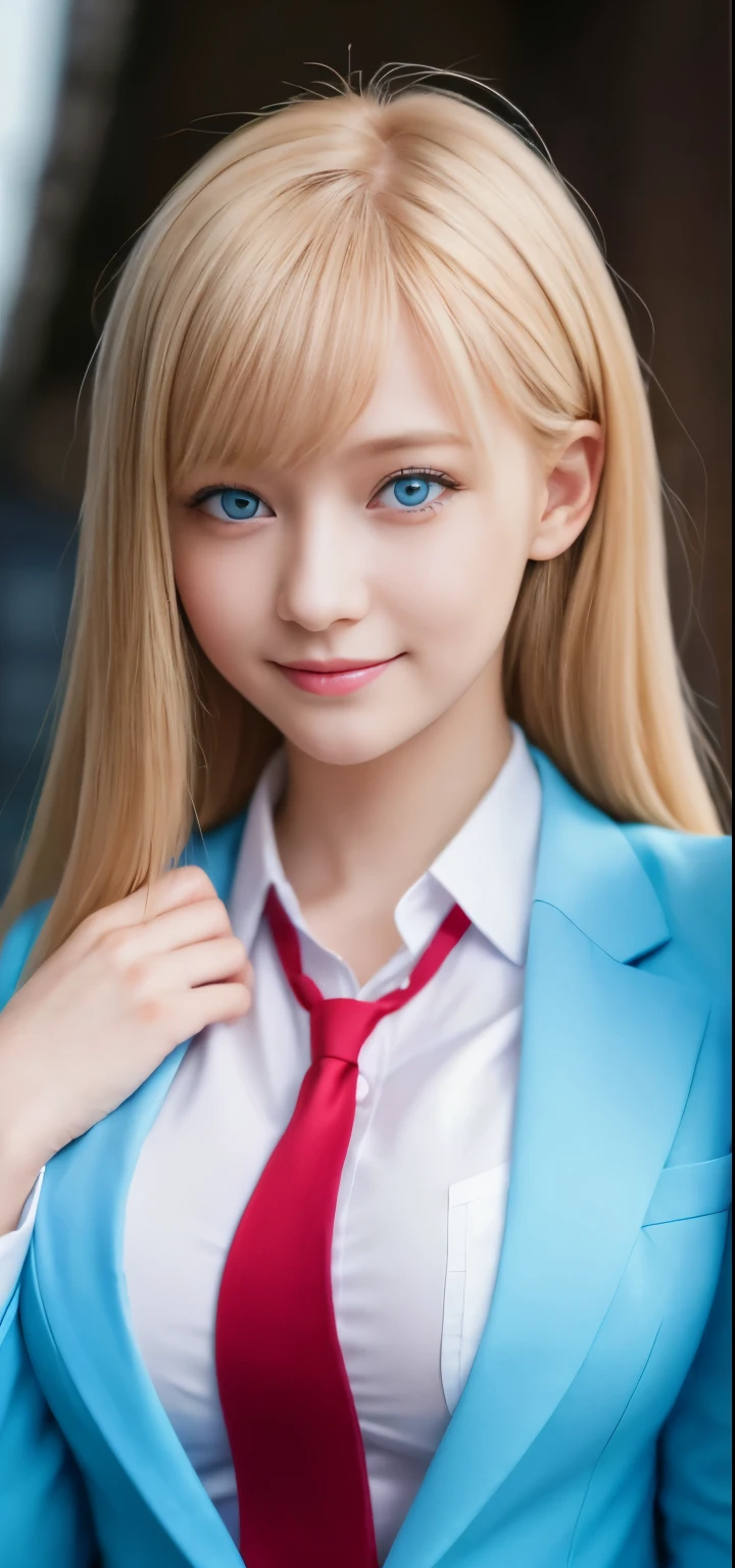 table top、highest quality、 super detailed、High resolution、8k wallpaper、perfect dynamic composition,、detailed and beautiful eyes、(beautiful breasts:1.2) 、blue blazer、white shirt、red tie、1 girl、beautiful girl、blonde hair、shortcut、long bangs、blue eyes、blue eyes、blue eyes、primary school student、、smile、smile