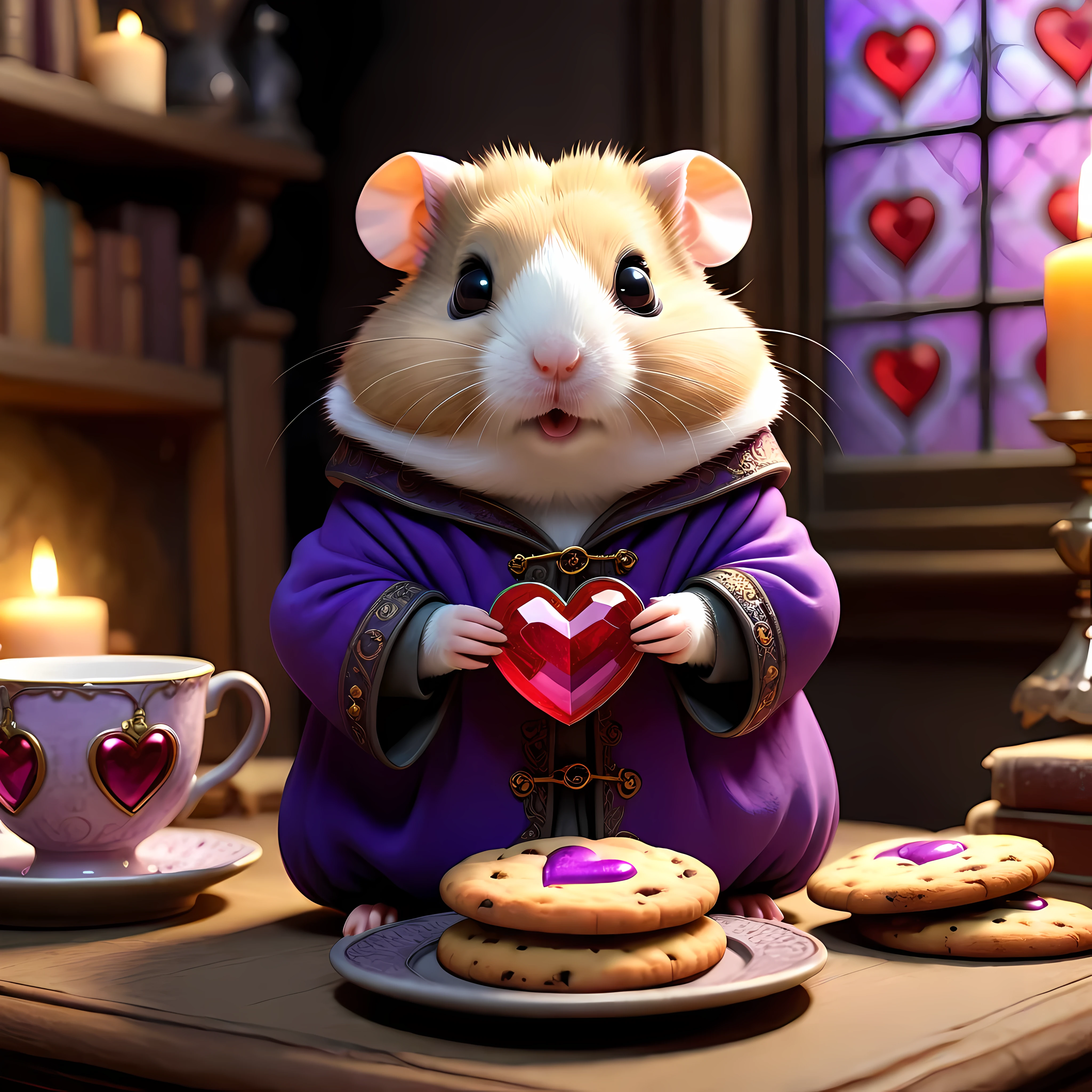 (Close up) of an adorable hamster wearing a cozy medieval coat with intricate embellishment and elegant spectacles in a tiny cozy gothic living room, the hamster (((holds a giant glowing heart))) that is purple, surrounded by plush furniture, soft textures, books, ((a plate of cookies with a tea cup)), cold colors and soft lightning, (((looking directly at the viewer))), ((round colorful stained glass windows in the background)), masterpiece in maximum 16K resolution, superb quality. | ((More_Detail))
