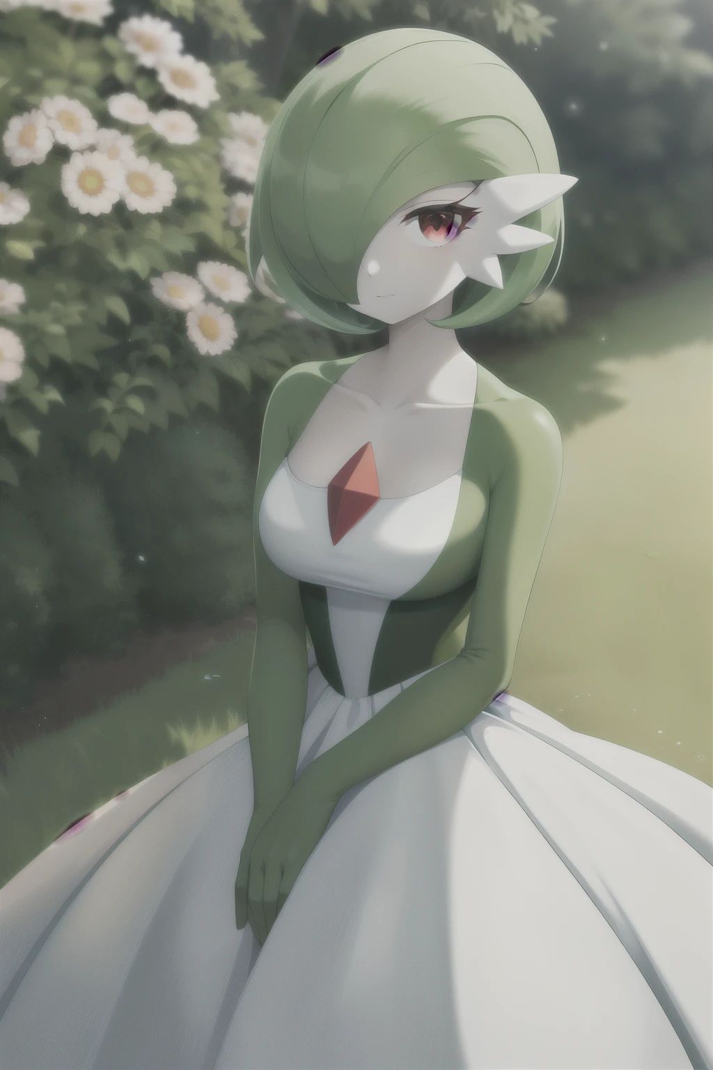 masterpiece, best_quality, 1girl, solo, gardevoir, white dress, creatures \(company\), game freak, nintendo, pokemon, pokemon \(game\), bangs, colored skin, feminine focus, big chest, big breasts, pokemon gen 3, green hair, green skin, hair over one eye, multicolored skin, pokemon \(creature\), red eyes, short hair, two-tone skin, white skin, garden, freckles,