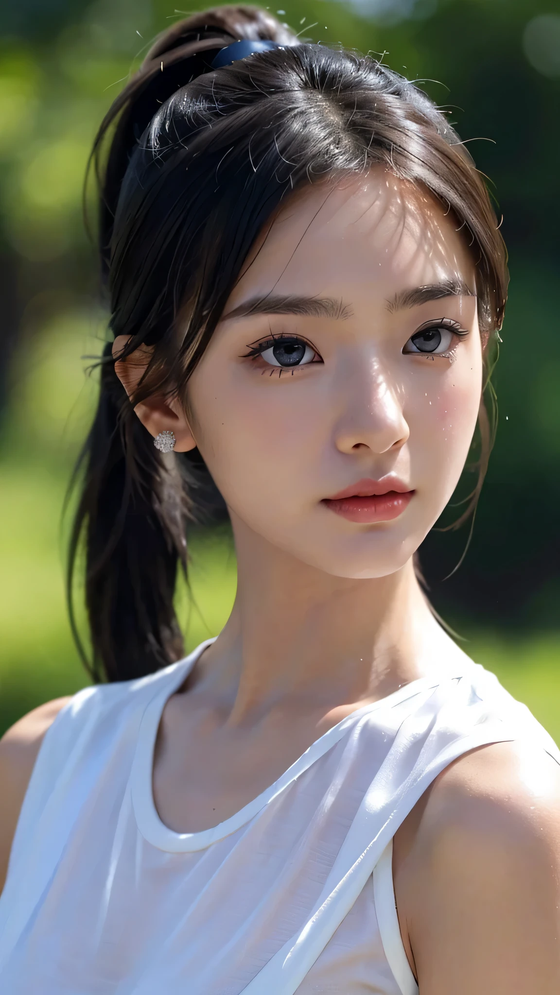 One woman,fully body photo,masutepiece, The highest image quality, High quality, the background is clear，Beautiful woman, Japanese, Detailed, Detailed eyes, Detailed skin, Beautiful skin, 超hight resolution, (reality: 1.4),Very beautiful woman, Slightly younger face, Beautiful skin, slender, (Ultra photo realsisim), (hight resolution), (8K), (Very detailed) (beautifully detailed eyes), (super detailed),   (Detailed face), view the viewer, Fine details, Detailed face, Staring straight ahead, Staring straight ahead, photos realistic, Bright lighting, Professional Lighting, Black hair,poneyTail,a baby face,sixteen years old,Hairstyle is ponytail,long ponytail hairstyle,slight smile,cute clothes、