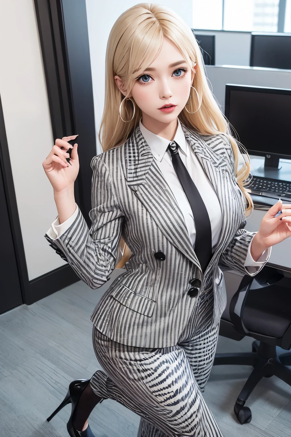 office building　Meeting Room、nordic、comb your hair、huge 、beautiful feet、cross earrings、black high heels、eyes are blue、blonde　long hair、lace and zebra print　bra、Black Office Jacket、I can see your chest　white Y-shirt、gray　pants suit、turn your butt　Looking back